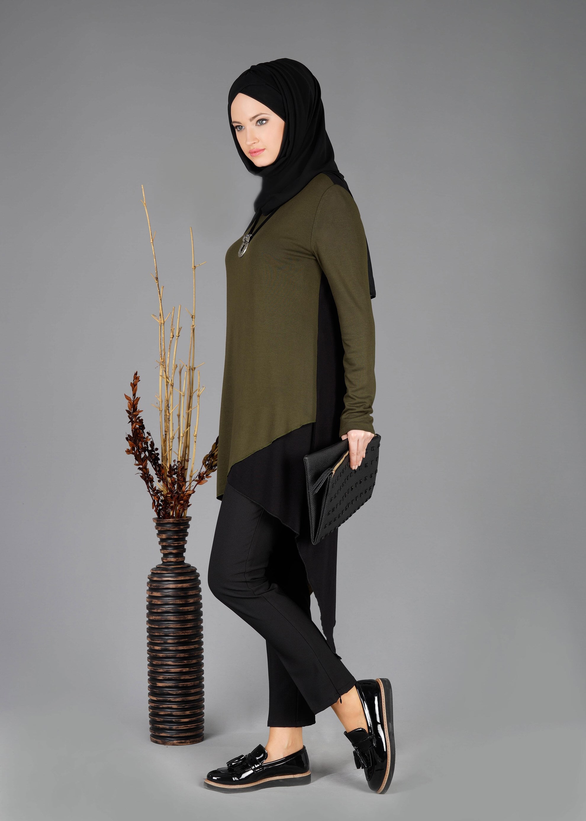 Tesettür giyim HAKİ ASİMETRİK KESİM TUNİK 4844