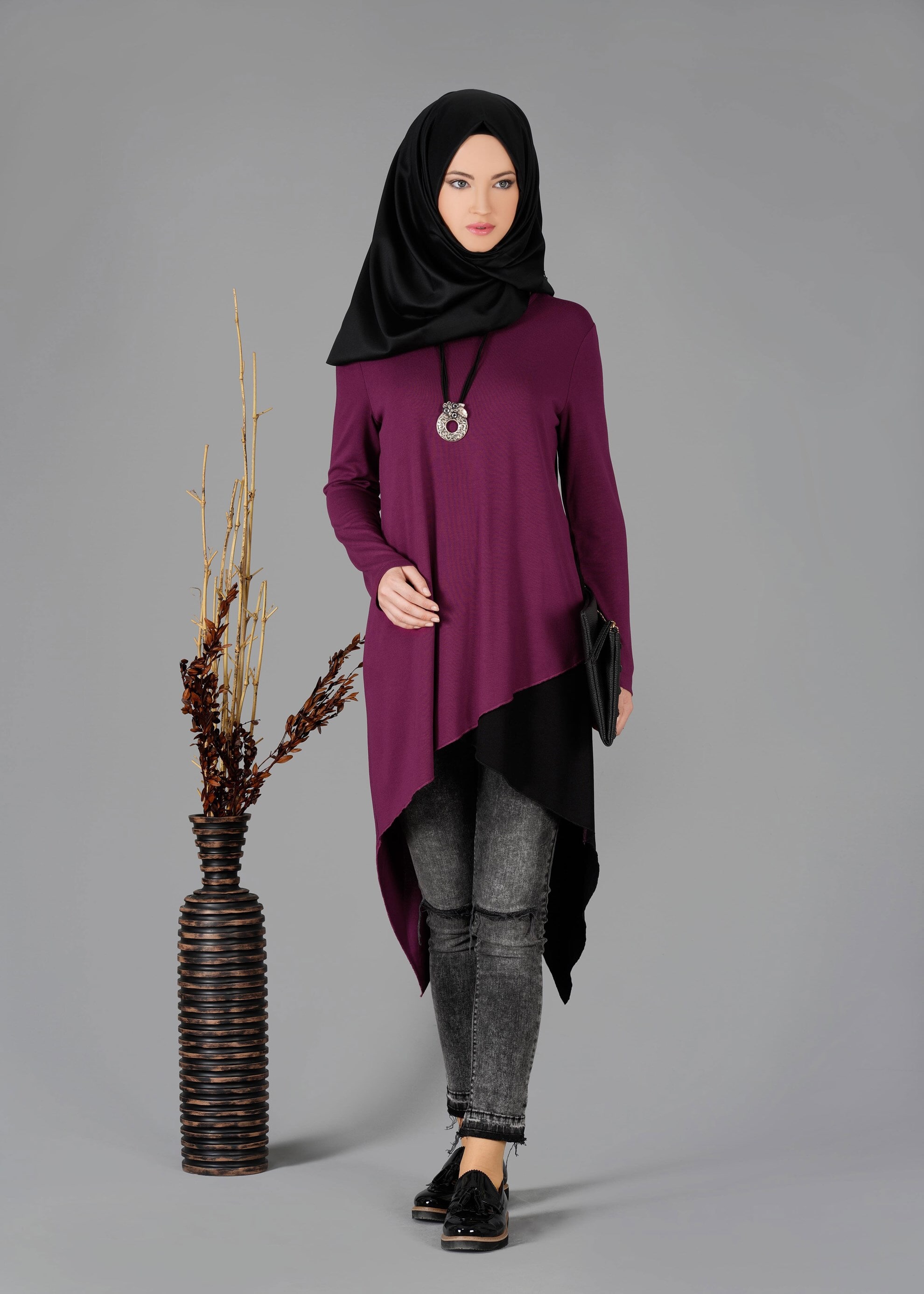 Tesettür giyim MOR ASİMETRİK KESİM TUNİK 4844