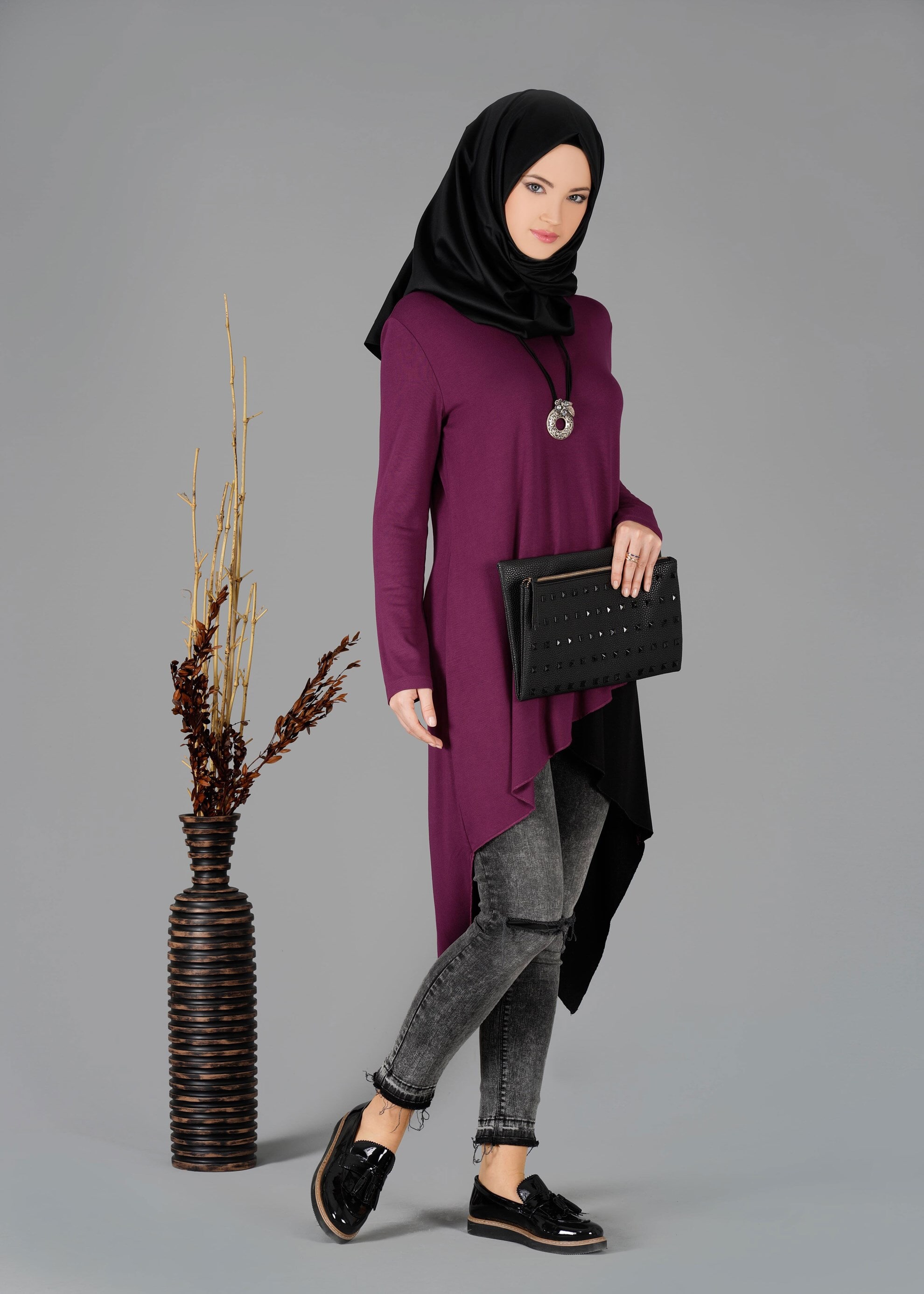 Tesettür giyim MOR ASİMETRİK KESİM TUNİK 4844