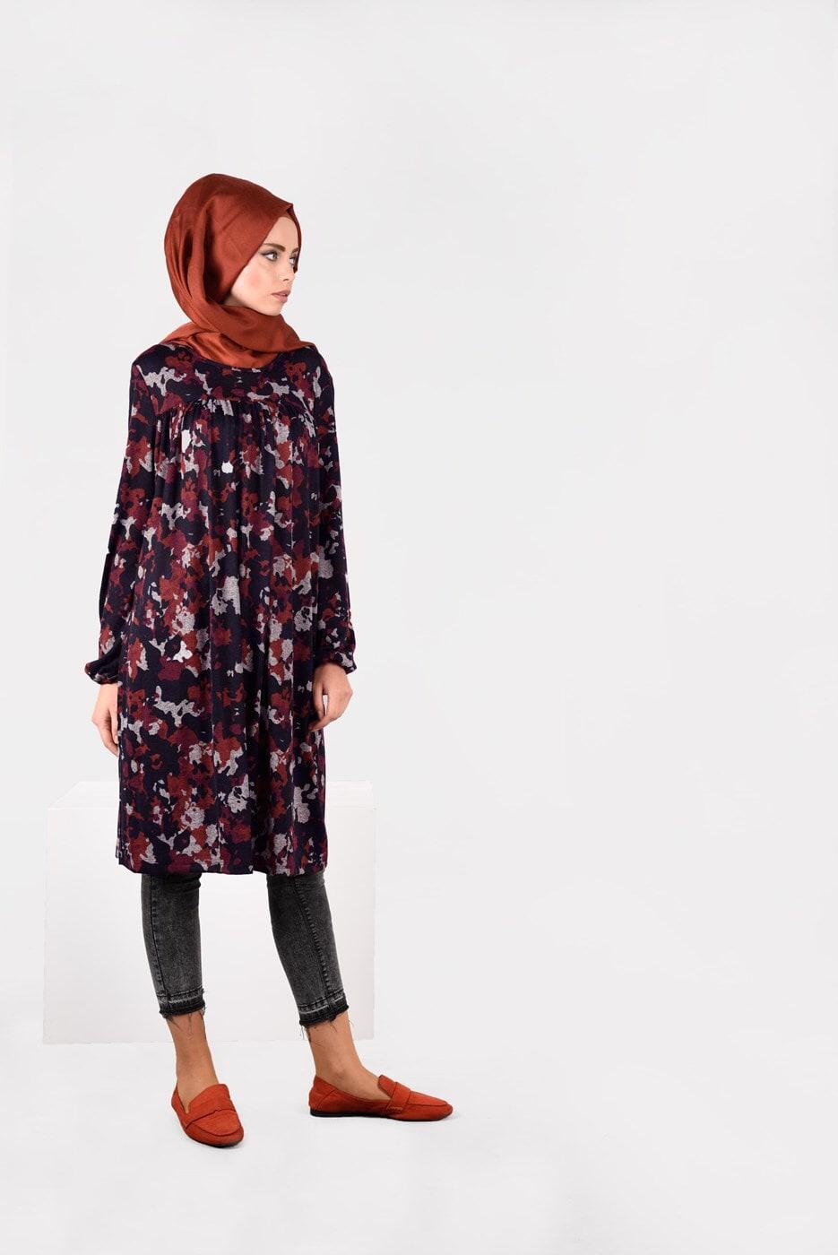 Tesettür giyim FUŞYA MANŞETLERİ LASTİKLİ DESENLİ TUNİK 4865 