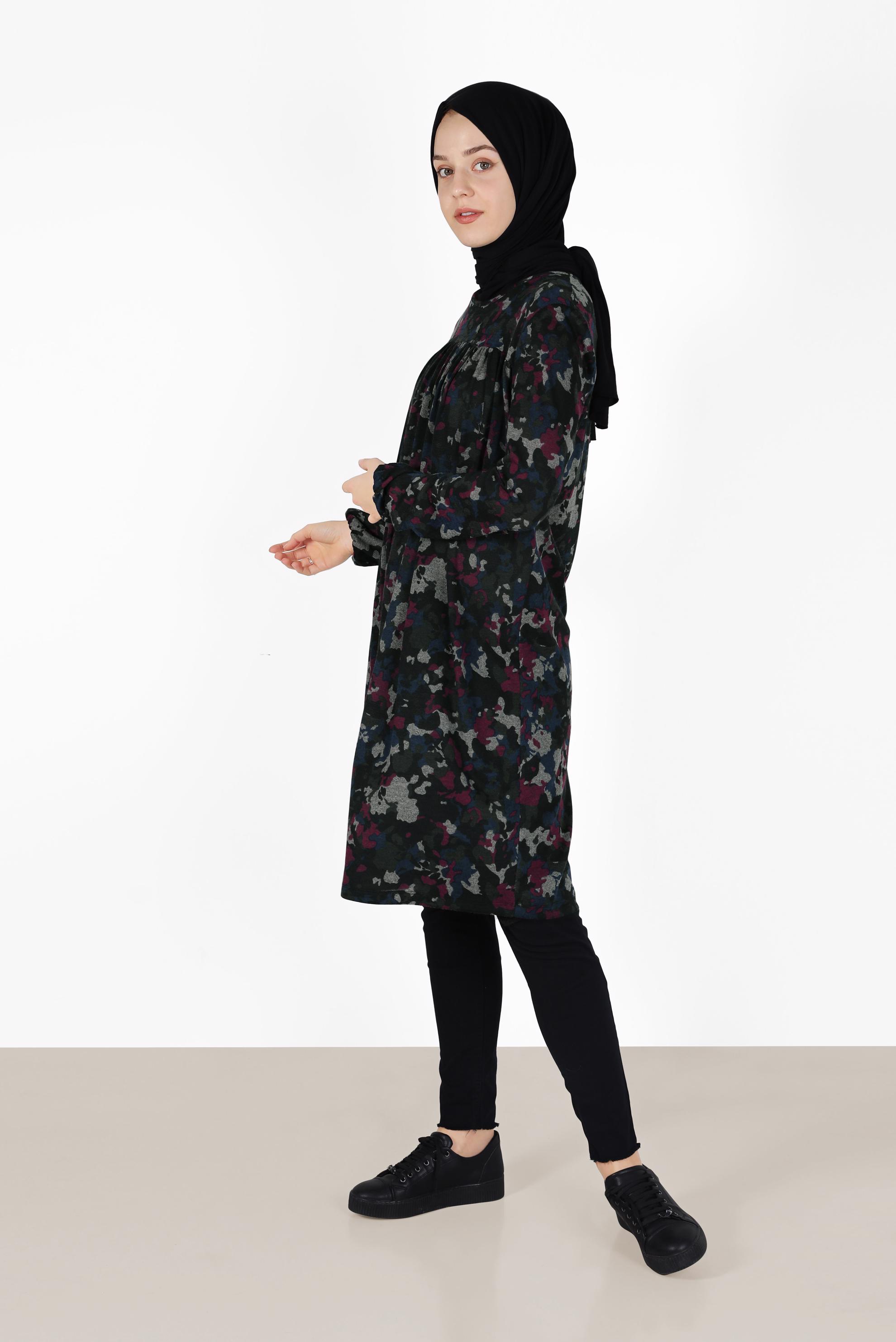 Tesettür giyim LACİVERT MANŞETLERİ LASTİKLİ DESENLİ TUNİK 4865 