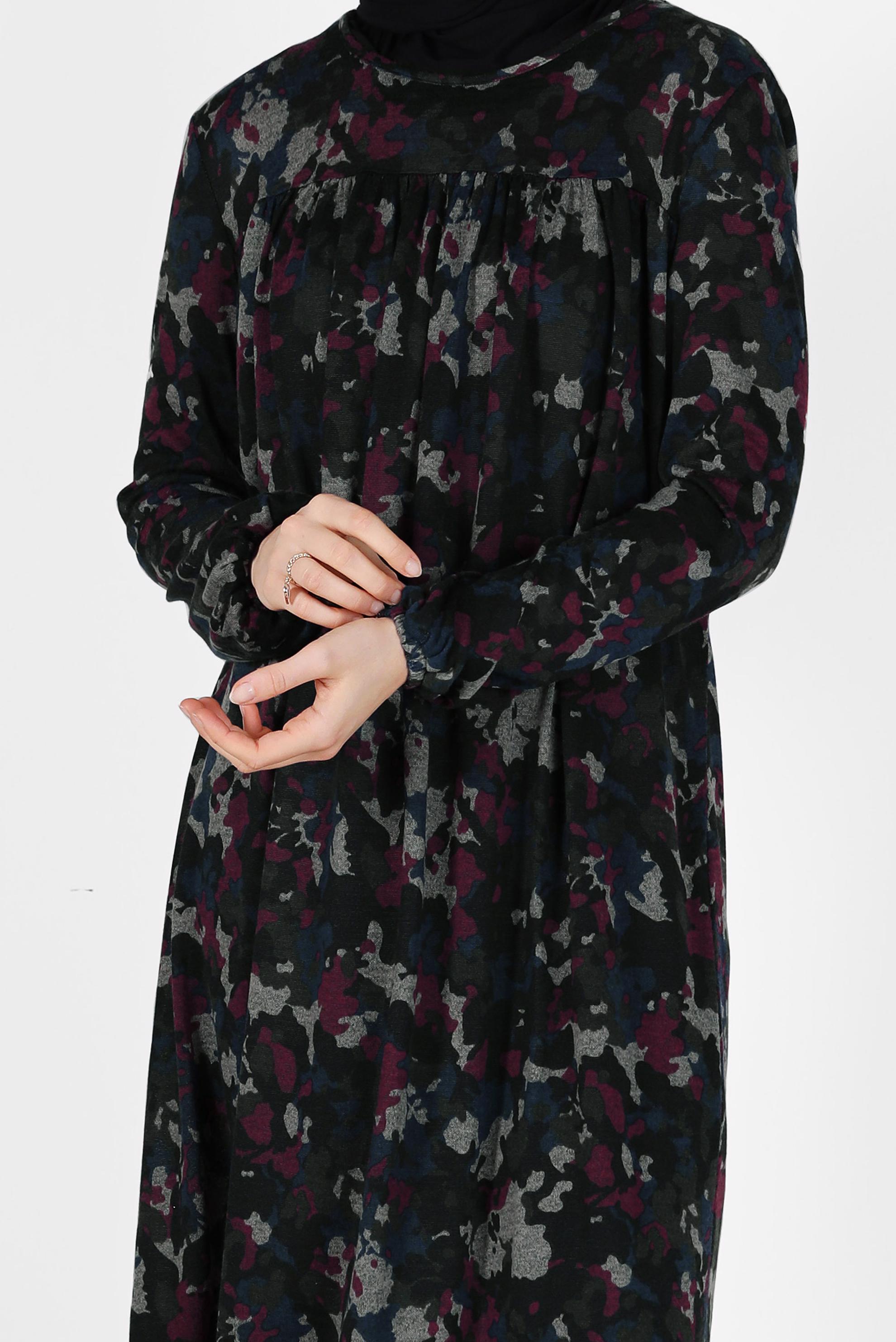 Tesettür giyim LACİVERT MANŞETLERİ LASTİKLİ DESENLİ TUNİK 4865 