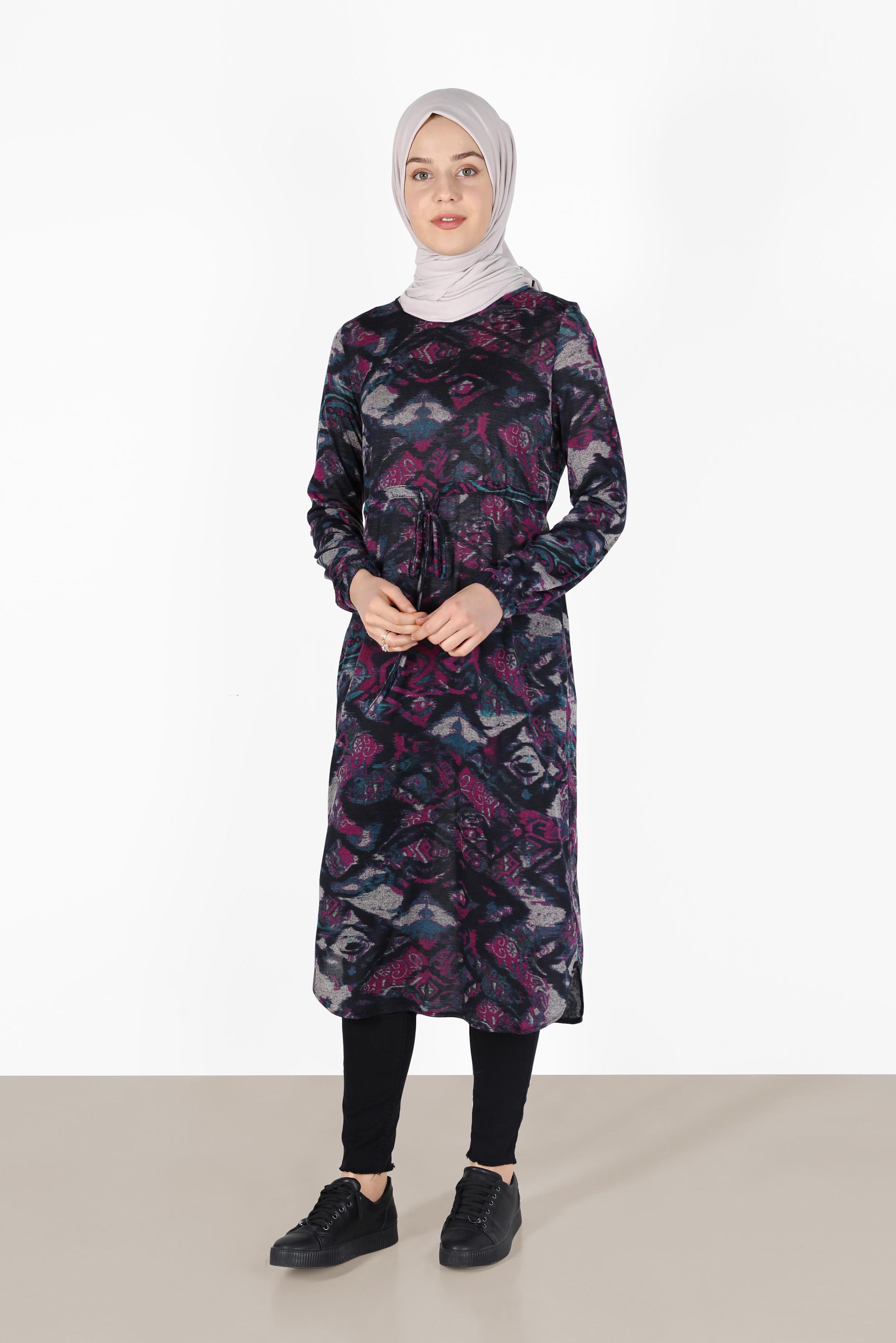 Tesettür giyim FUŞYA BELİ BÜZGÜLÜ MANŞETLERİ LASTİKLİ DESENLİ TUNİK 4866 