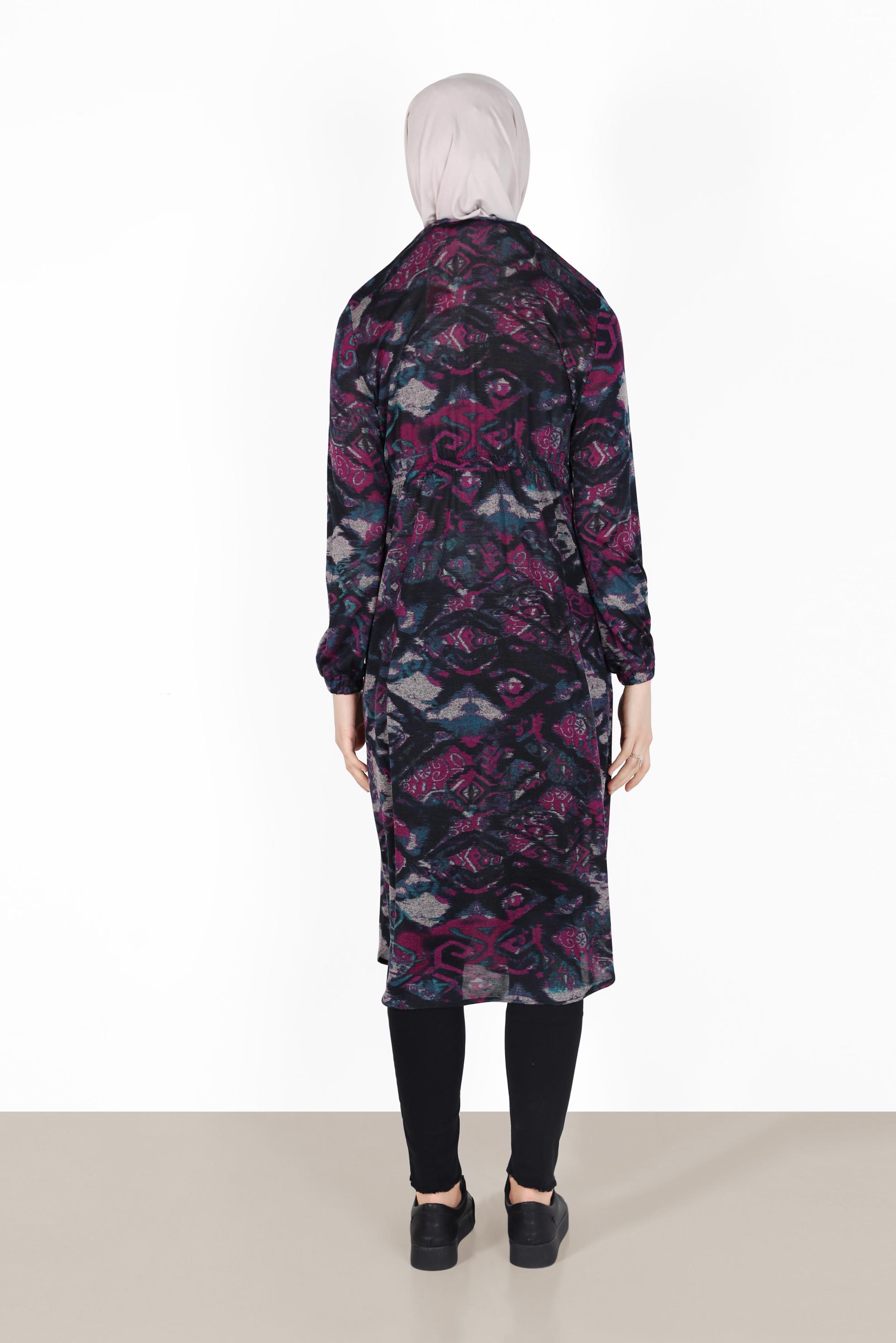 Tesettür giyim FUŞYA BELİ BÜZGÜLÜ MANŞETLERİ LASTİKLİ DESENLİ TUNİK 4866 