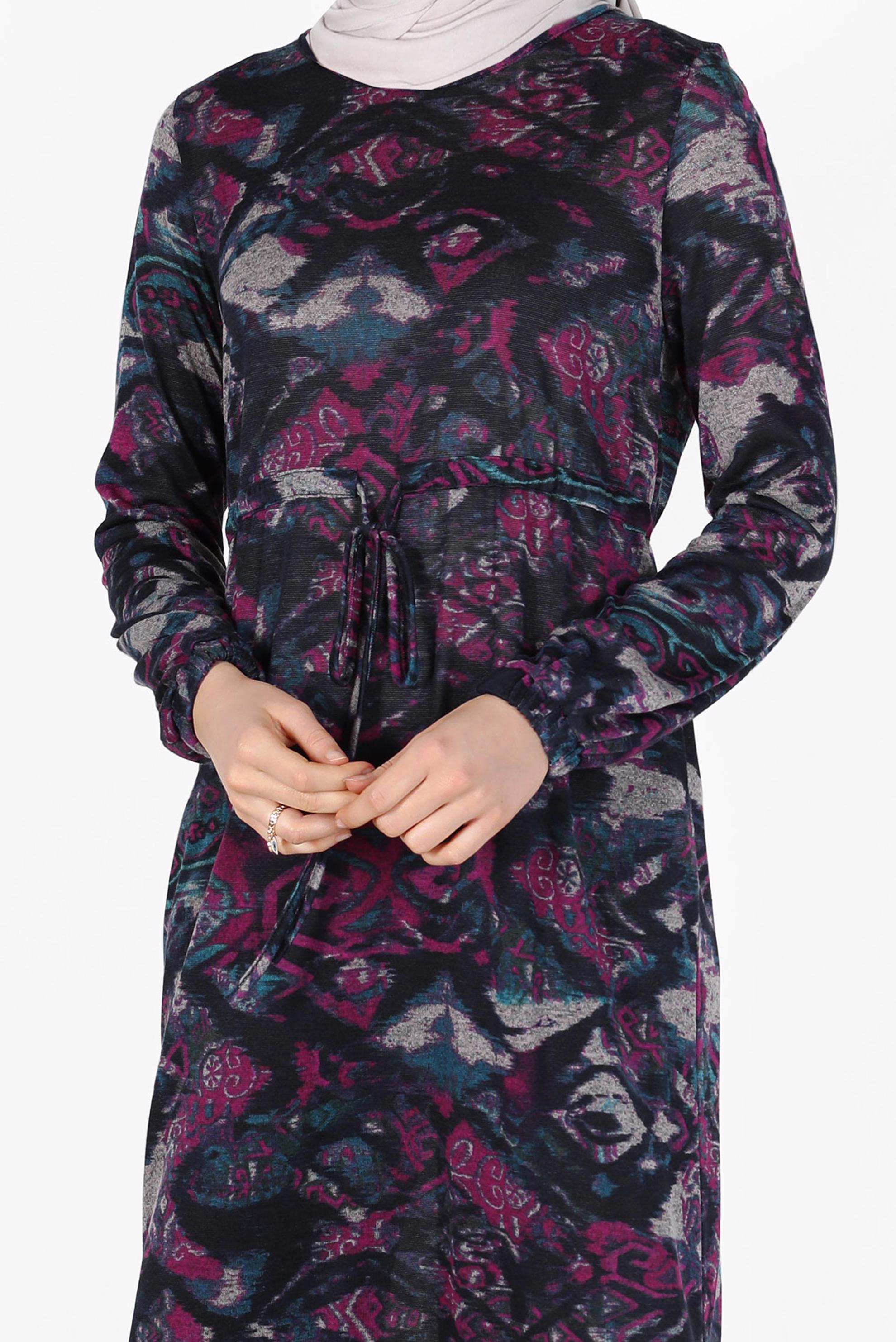 Tesettür giyim FUŞYA BELİ BÜZGÜLÜ MANŞETLERİ LASTİKLİ DESENLİ TUNİK 4866 