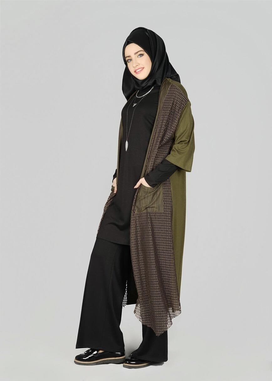 Tesettür giyim HAKİ FİLE DETAYLI TUNİK 4871