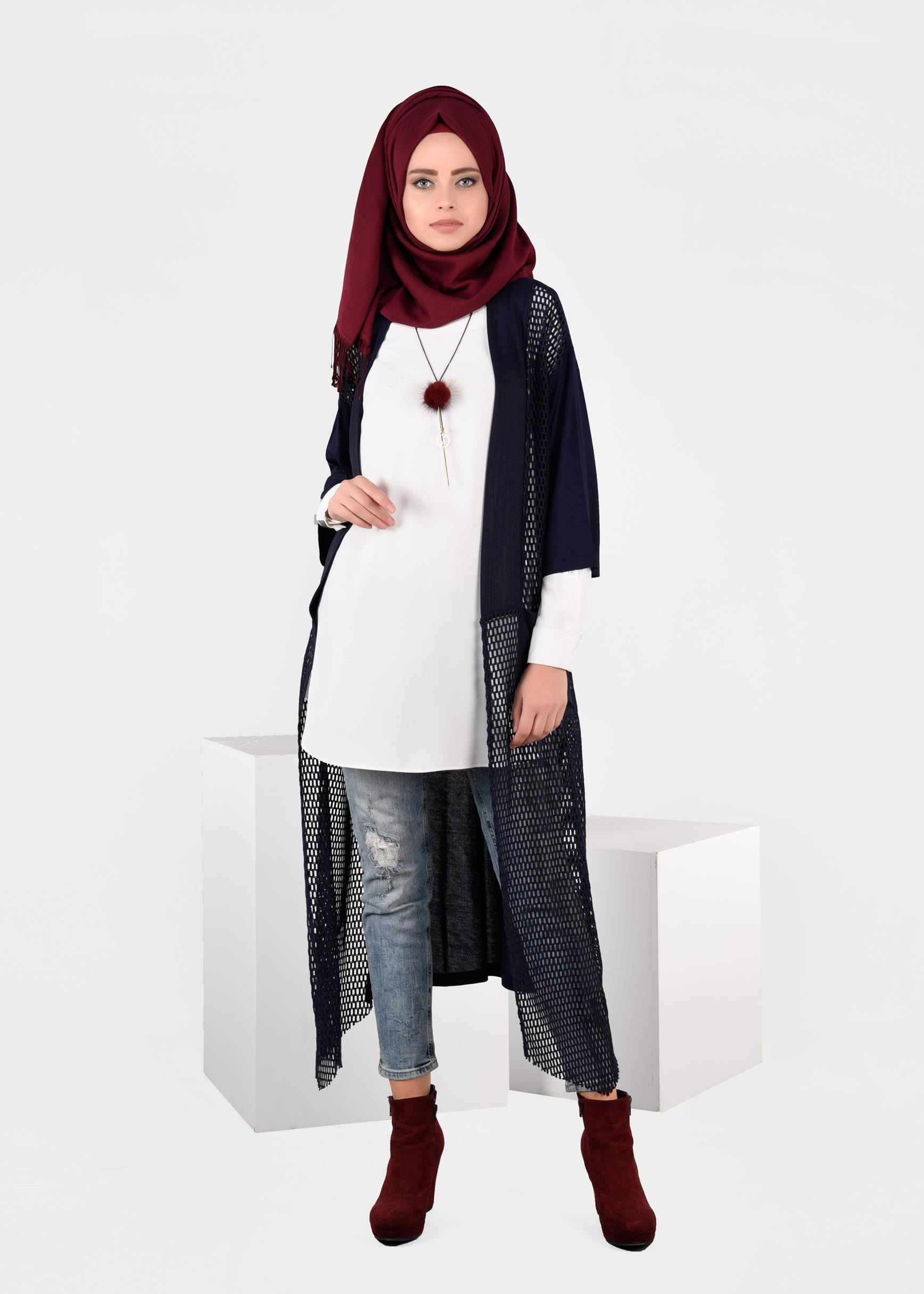 Tesettür giyim LACİVERT FİLE DETAYLI TUNİK 4871