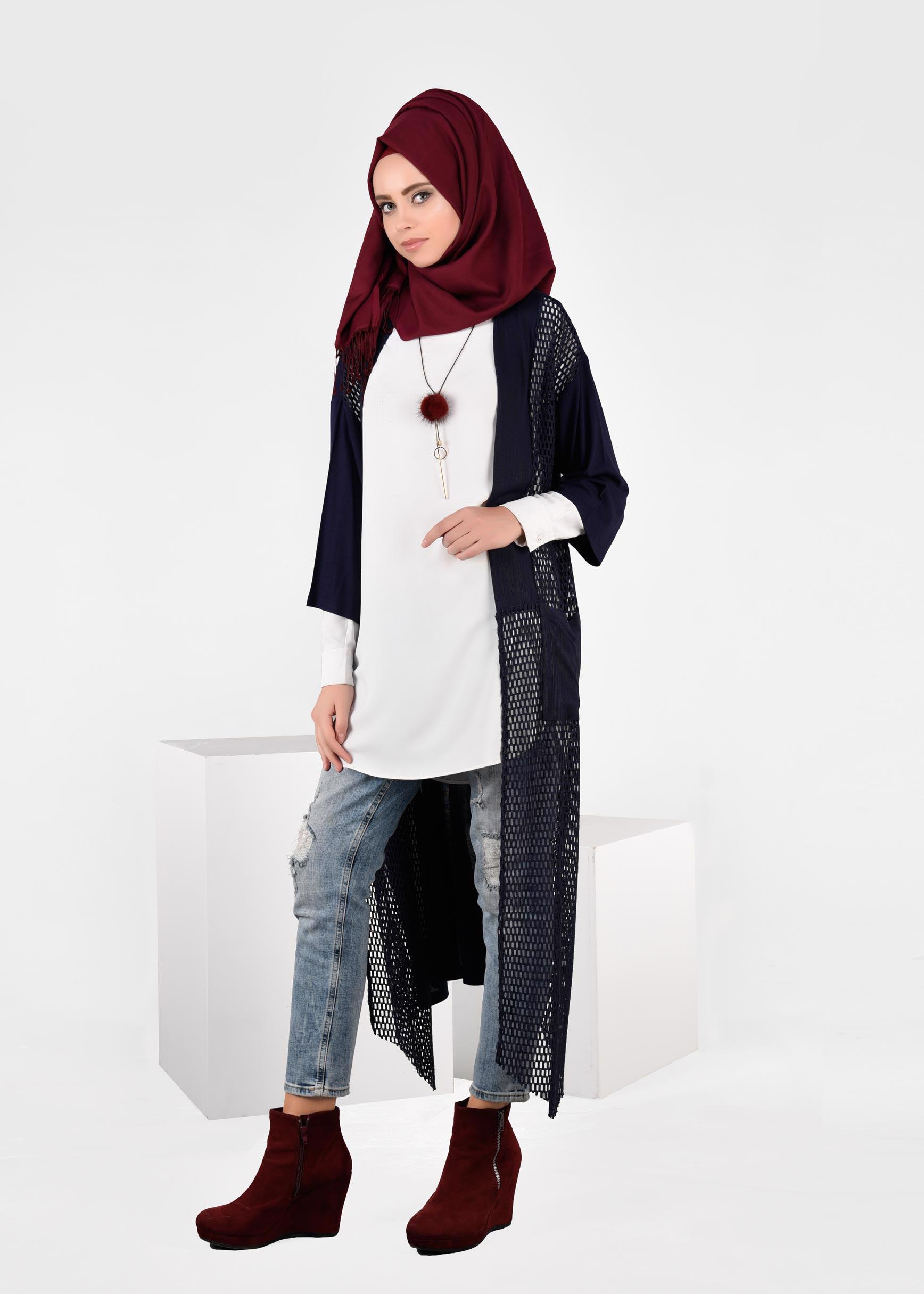 Tesettür giyim LACİVERT FİLE DETAYLI TUNİK 4871