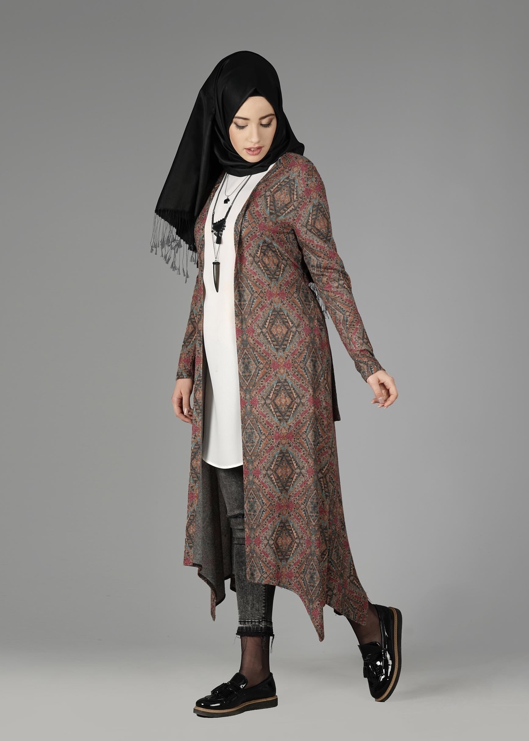 Tesettür giyim KAHVE ETNİK DESENLİ TUNİK 4885
