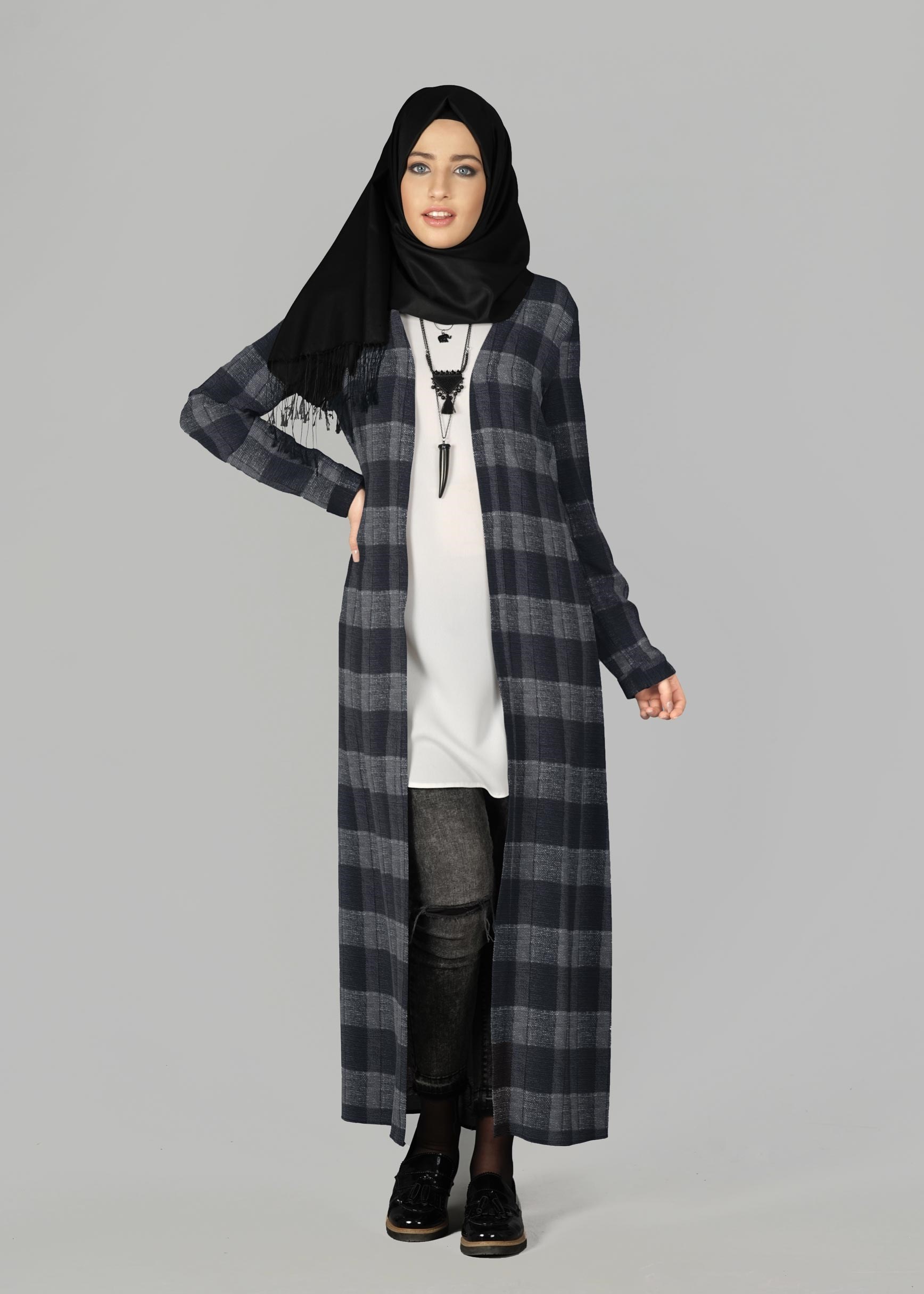 Tesettür giyim GRİ KARE DESENLİ TUNİK 4928