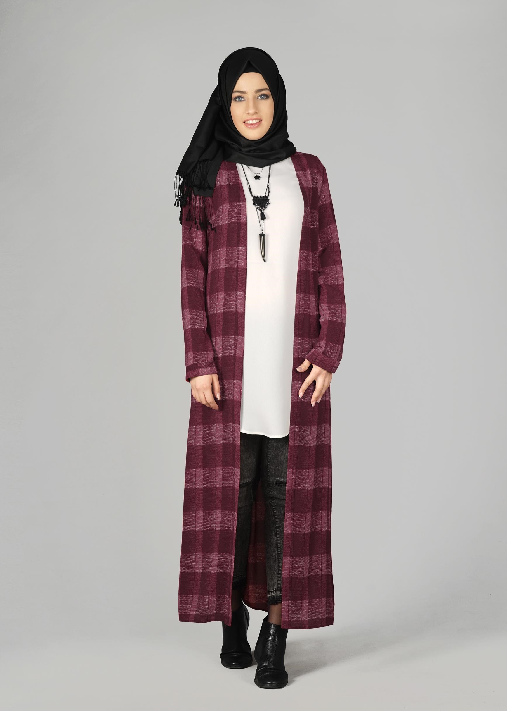 Tesettür giyim BORDO KARE DESENLİ TUNİK 4928