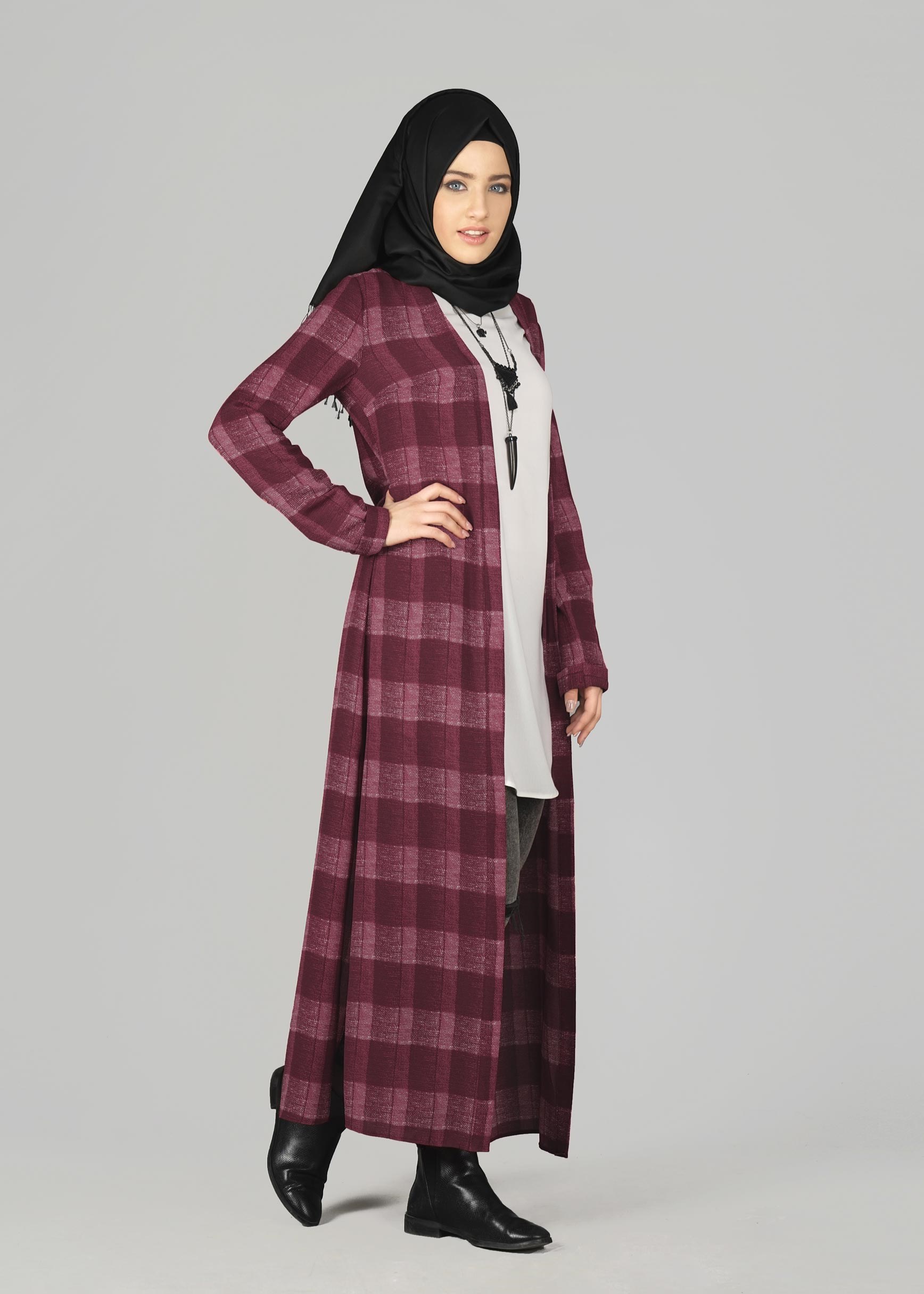 Tesettür giyim BORDO KARE DESENLİ TUNİK 4928