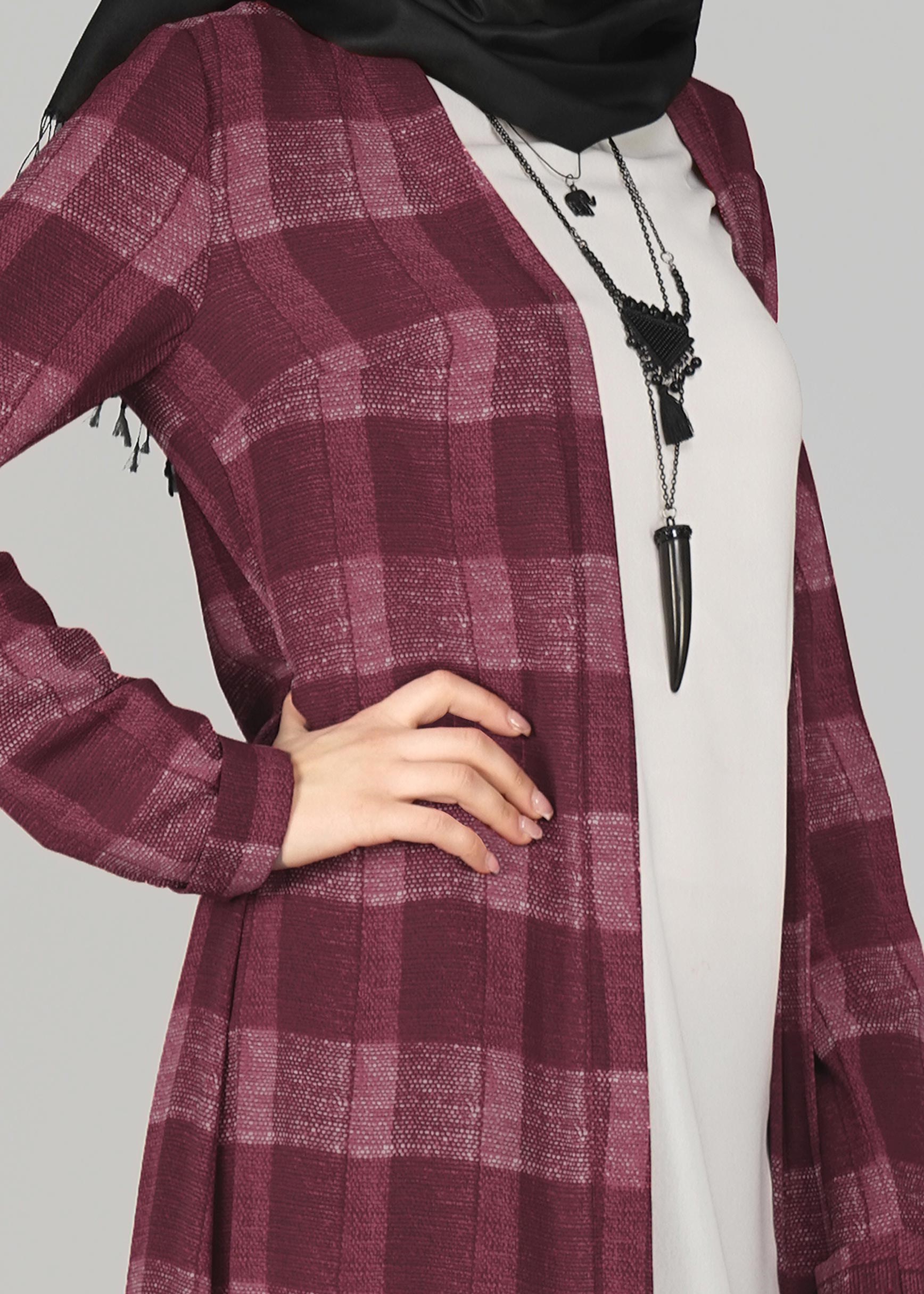 Tesettür giyim BORDO KARE DESENLİ TUNİK 4928