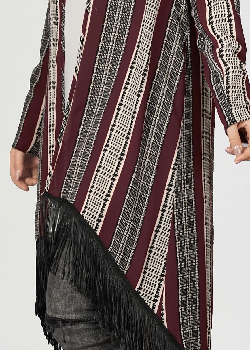 Tesettür giyim BORDO DESENLİ PÜSKÜLLÜ TUNİK 4929