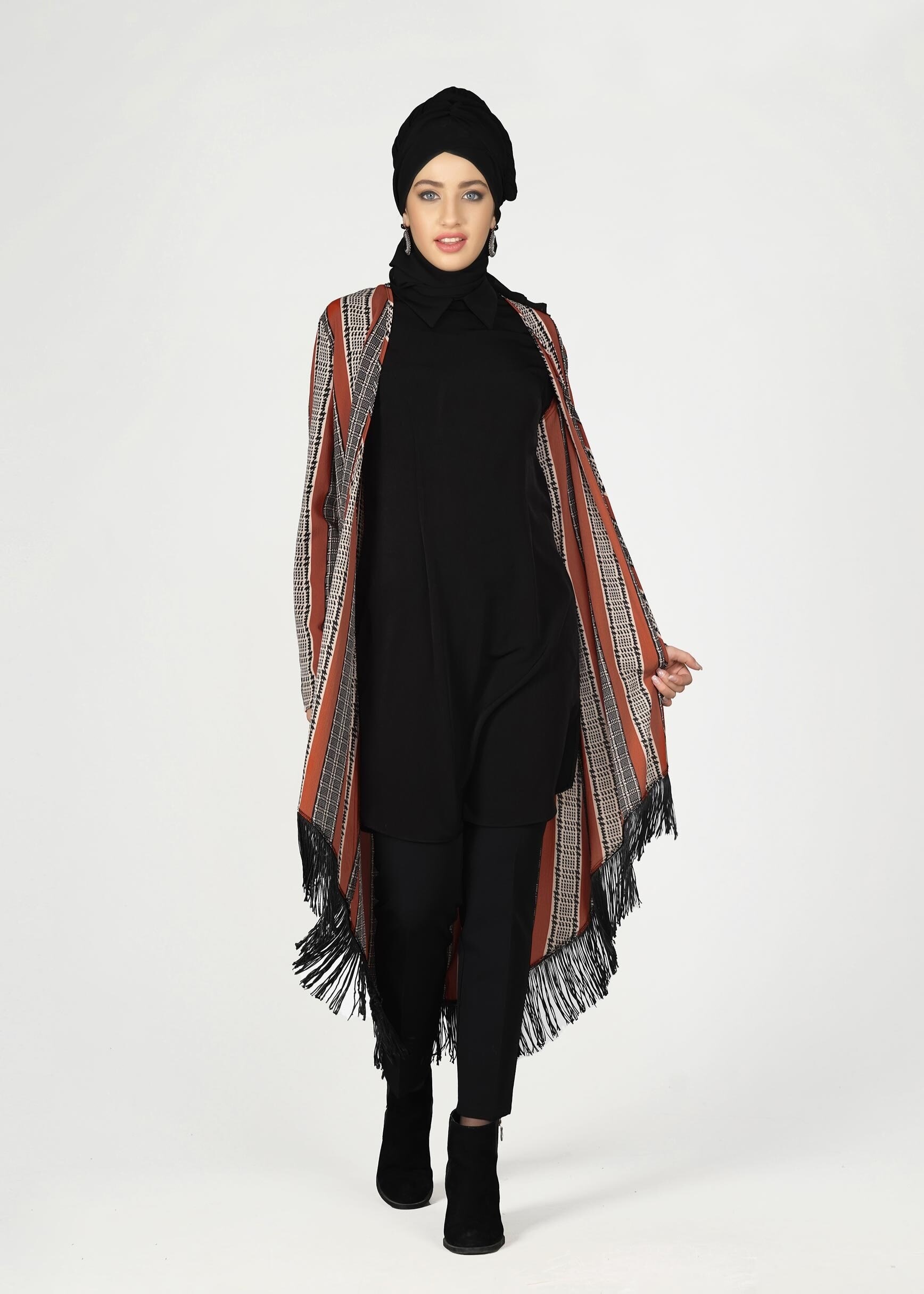 Tesettür giyim TURUNCU DESENLİ PÜSKÜLLÜ TUNİK 4929