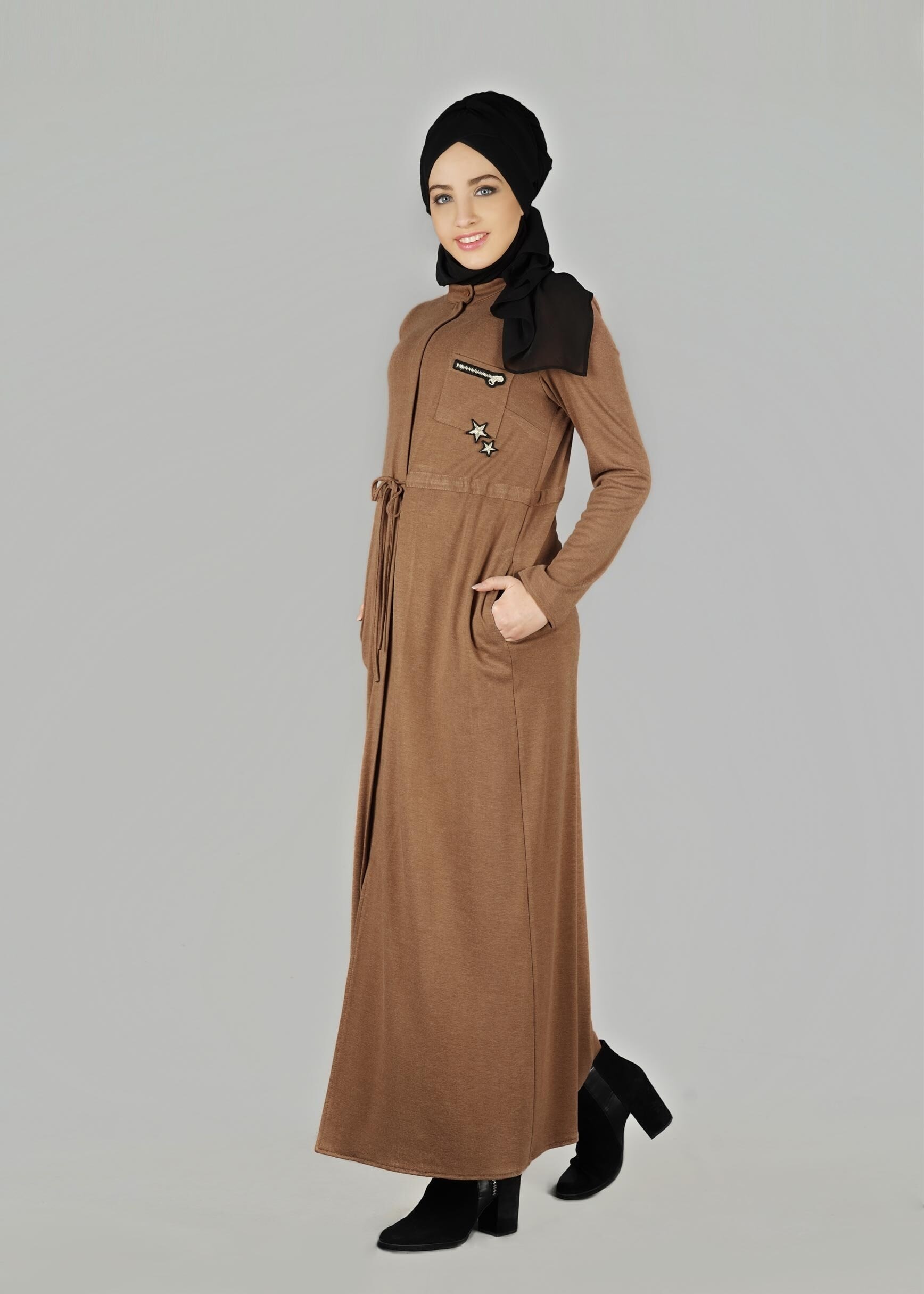 Tesettür giyim KAHVE BELİ BÜZGÜLÜ UZUN TUNİK 4955	