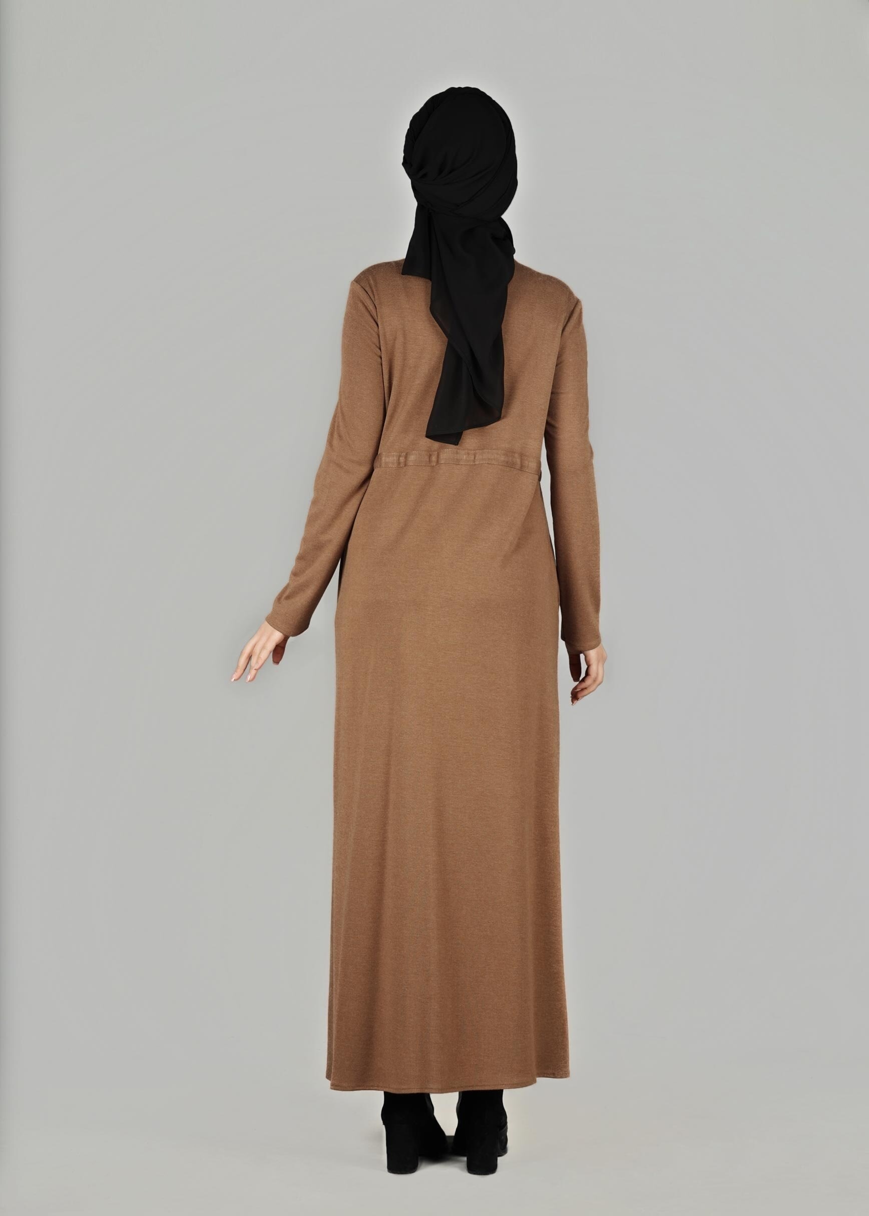 Tesettür giyim KAHVE BELİ BÜZGÜLÜ UZUN TUNİK 4955	