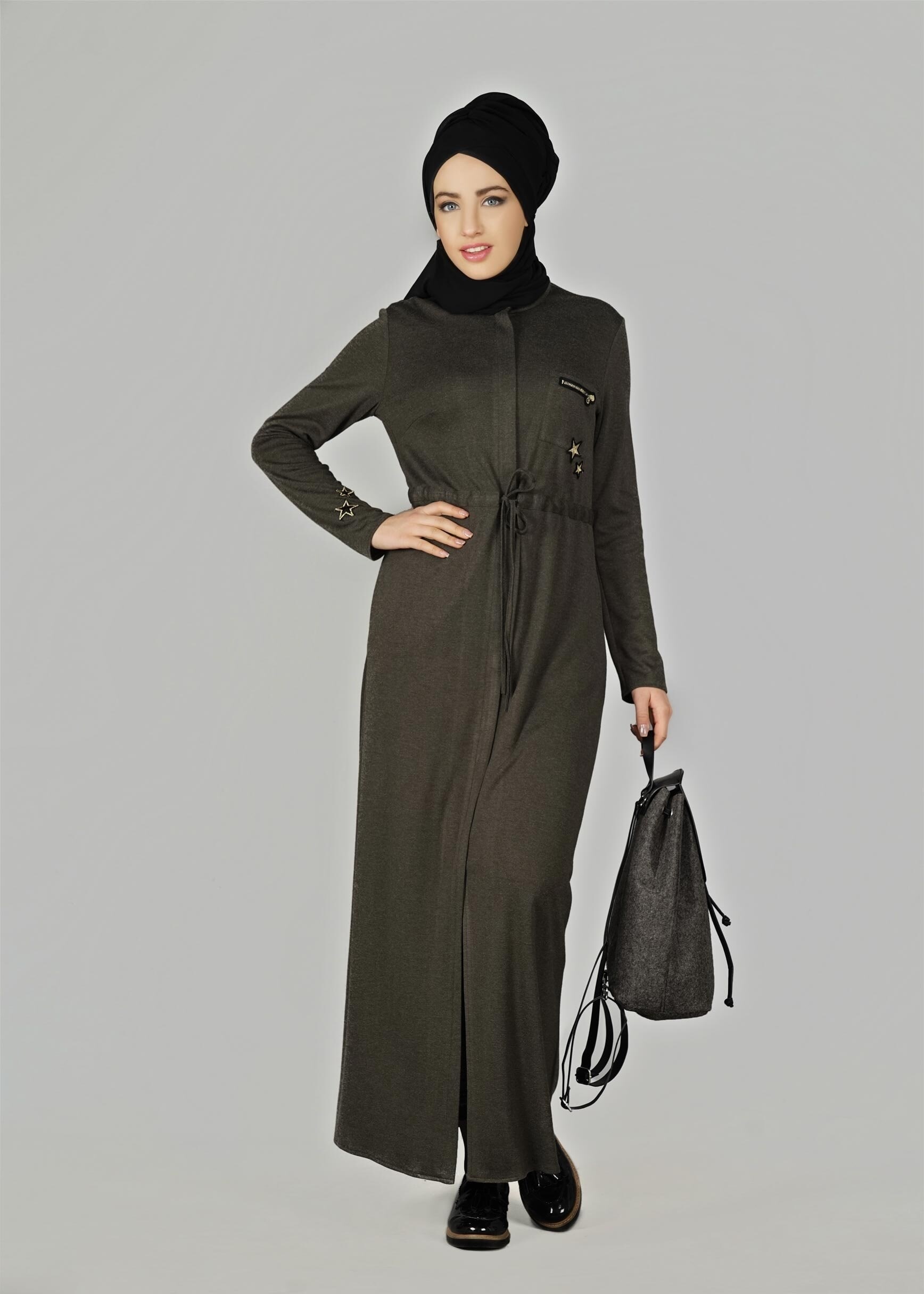 Tesettür giyim HAKİ BELİ BÜZGÜLÜ UZUN TUNİK 4955	