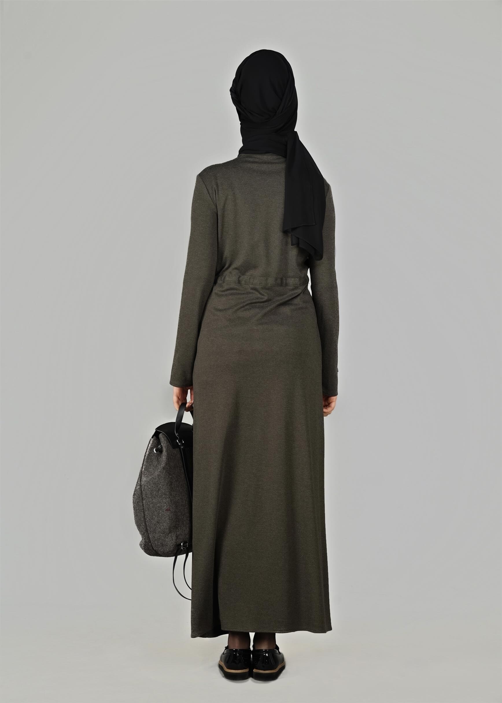 Tesettür giyim HAKİ BELİ BÜZGÜLÜ UZUN TUNİK 4955	