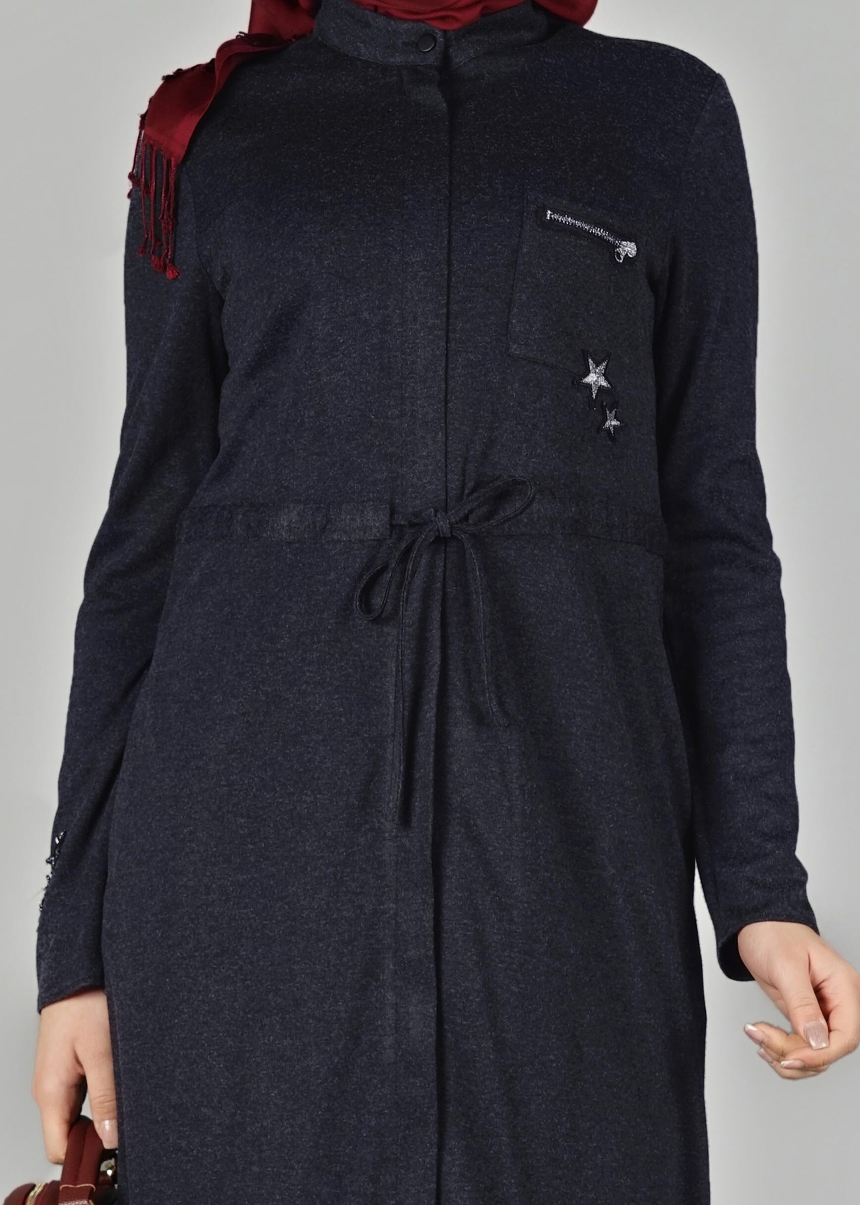 Tesettür giyim LACİVERT BELİ BÜZGÜLÜ UZUN TUNİK 4955	