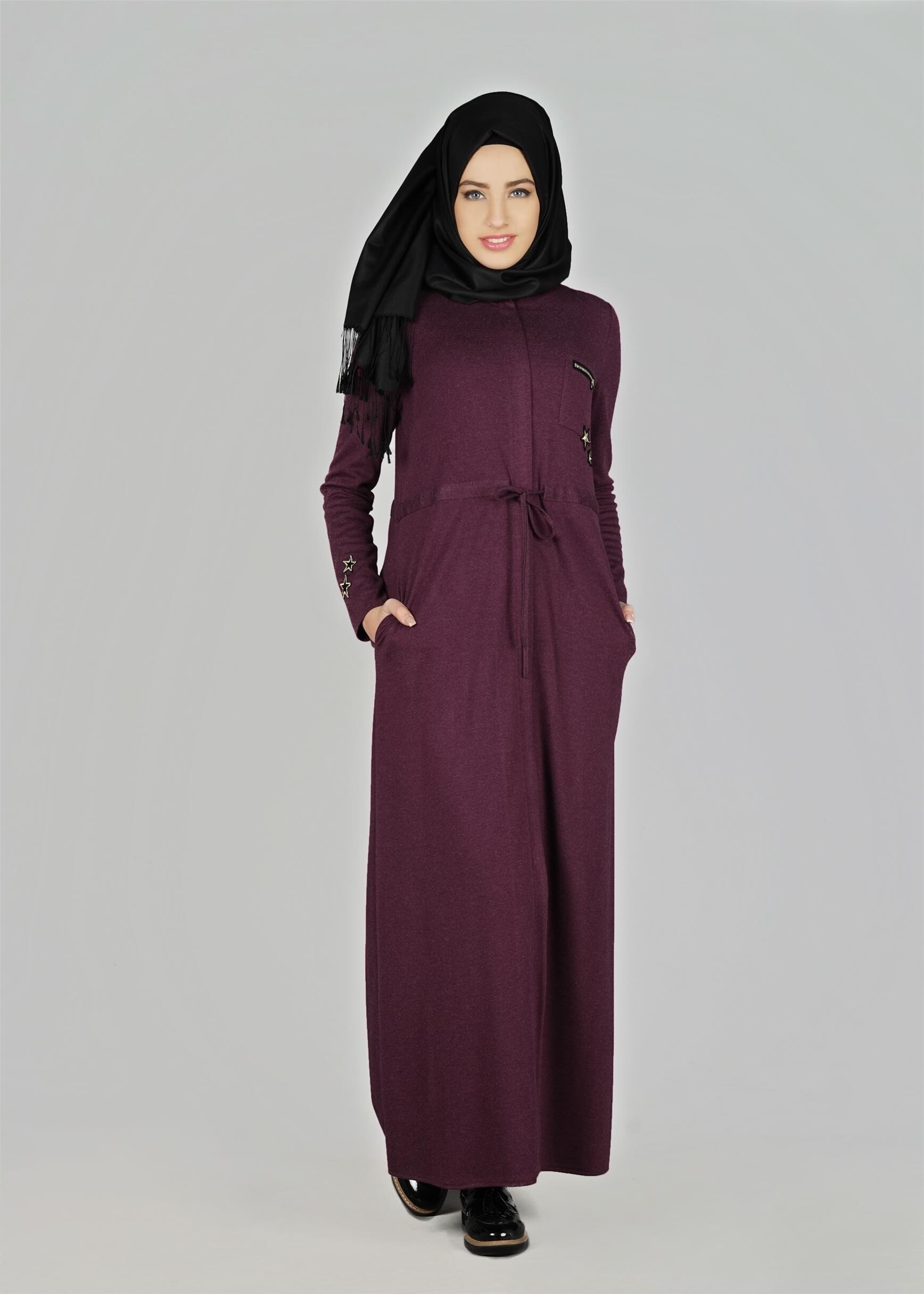 Tesettür giyim MOR BELİ BÜZGÜLÜ UZUN TUNİK 4955	