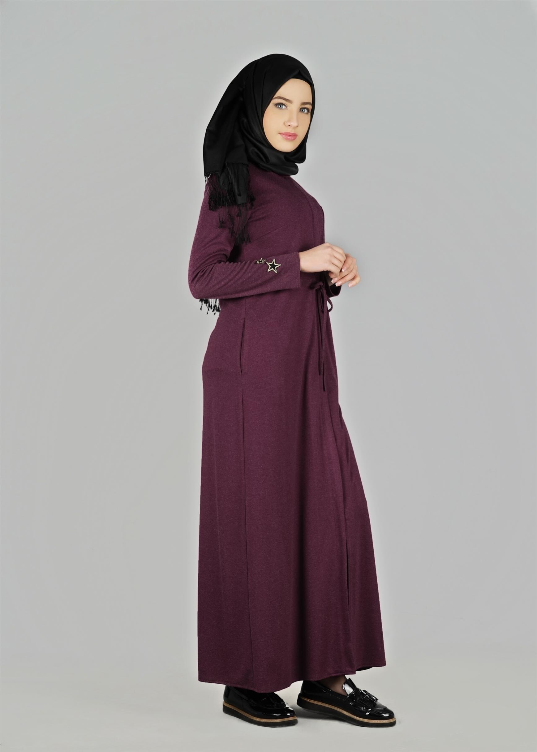 Tesettür giyim MOR BELİ BÜZGÜLÜ UZUN TUNİK 4955	