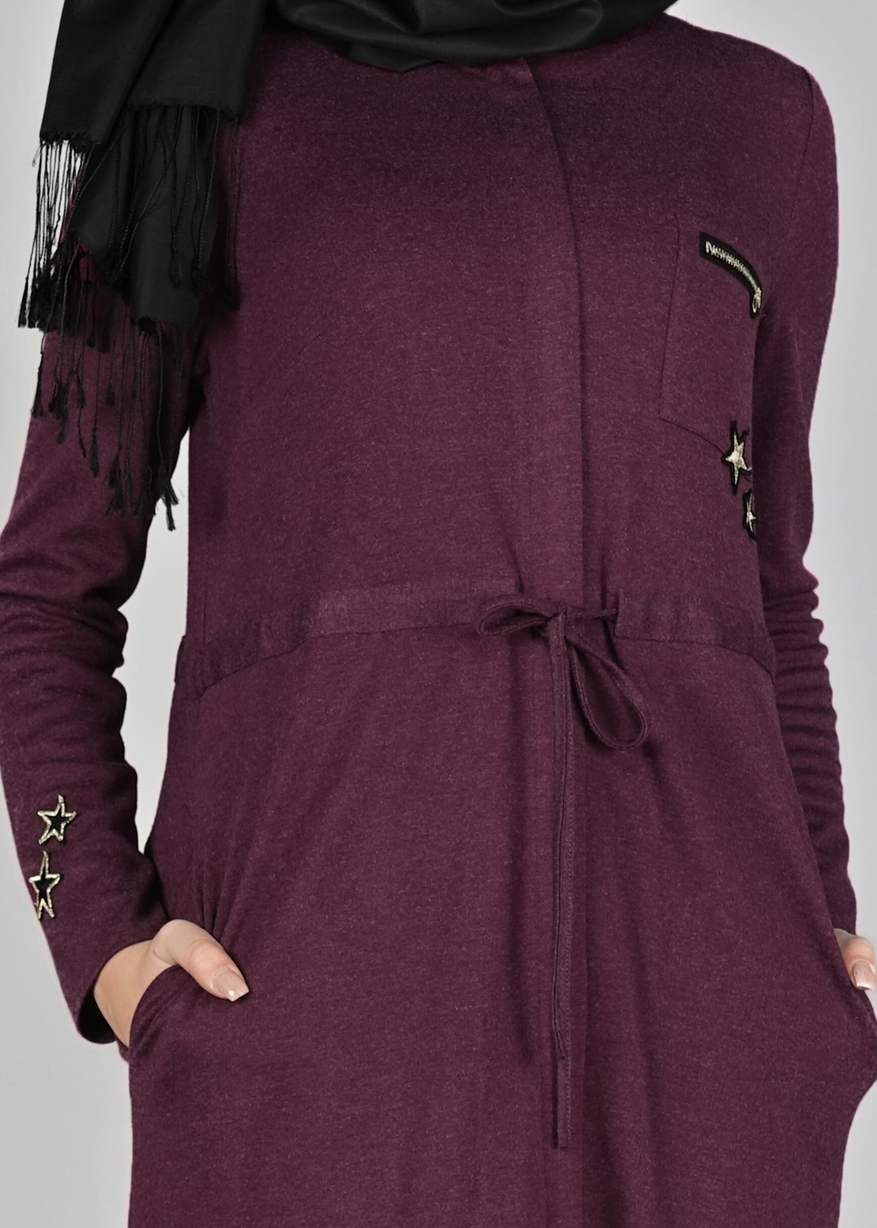 Tesettür giyim MOR BELİ BÜZGÜLÜ UZUN TUNİK 4955	