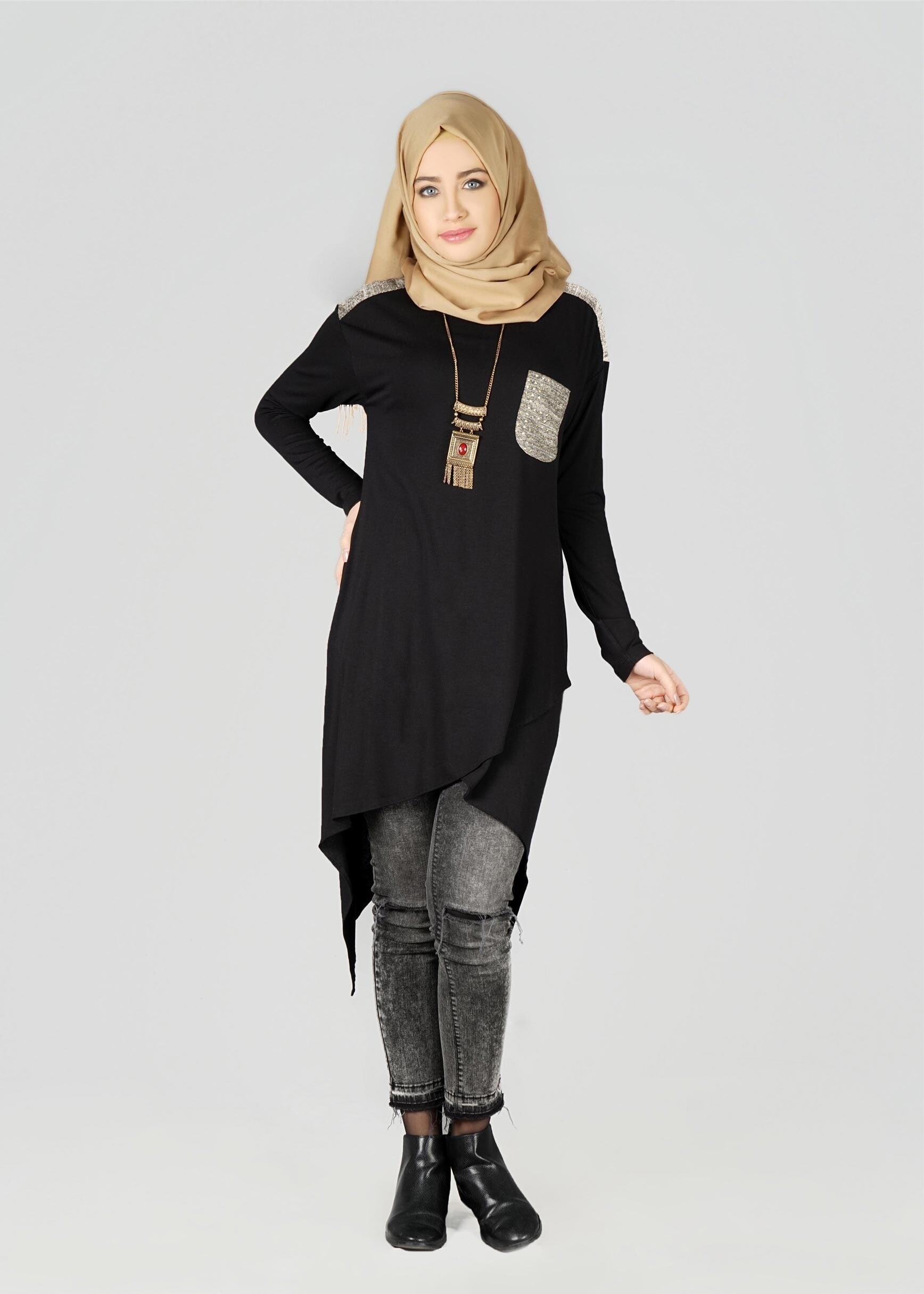 Tesettür giyim SİYAH CEPLİ ASİMETRİK KESİM TUNİK 4972 