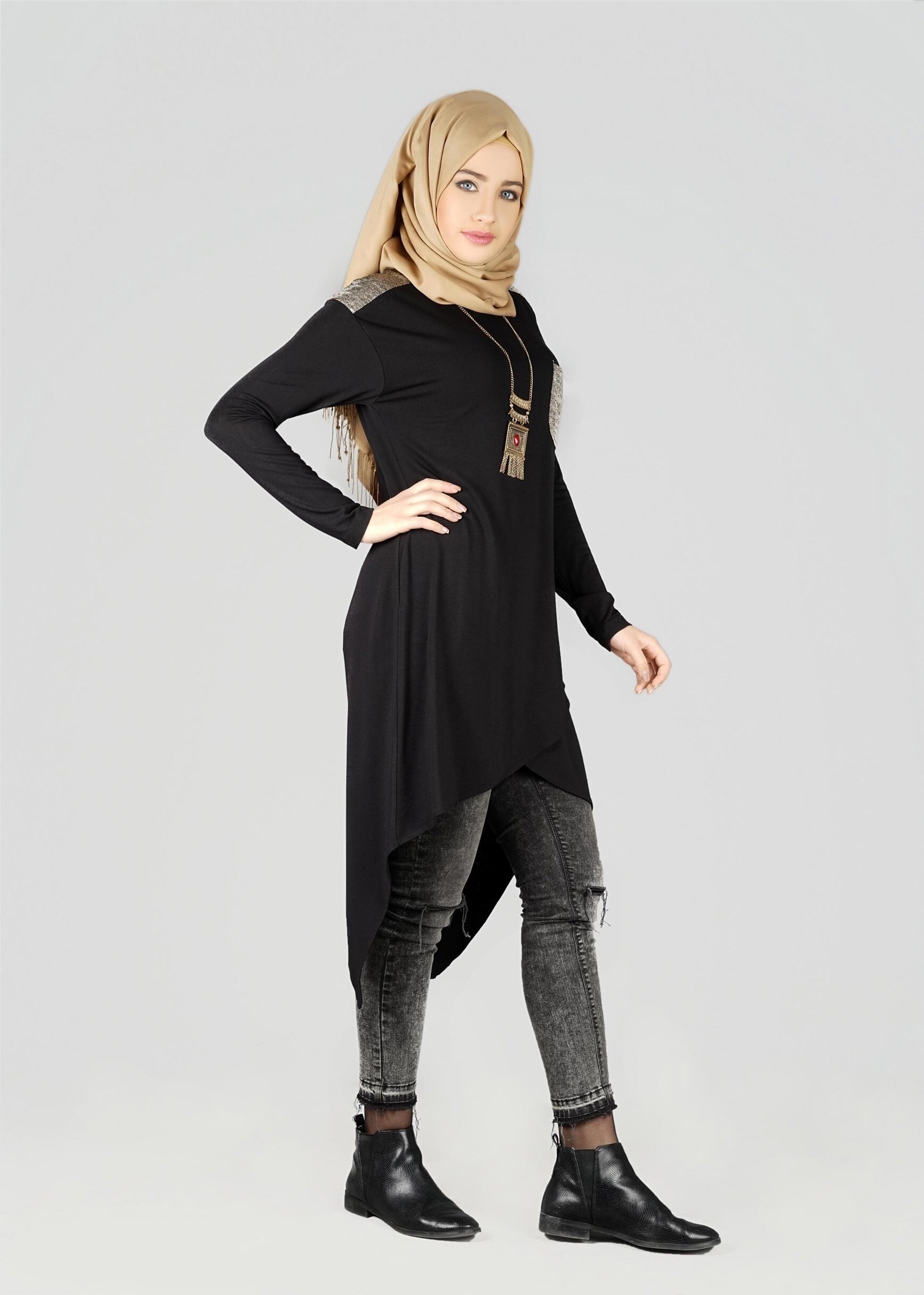 Tesettür giyim SİYAH CEPLİ ASİMETRİK KESİM TUNİK 4972 