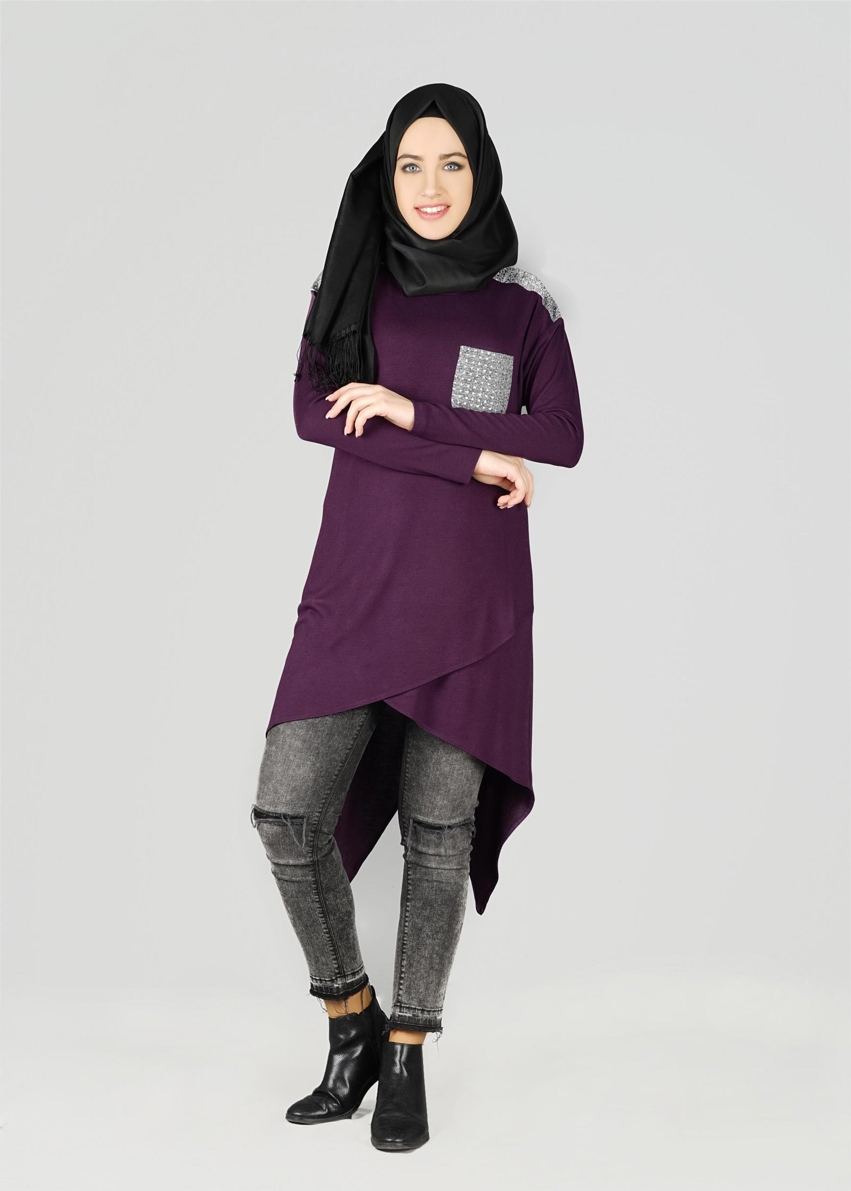 Tesettür giyim MOR CEPLİ ASİMETRİK KESİM TUNİK 4972 