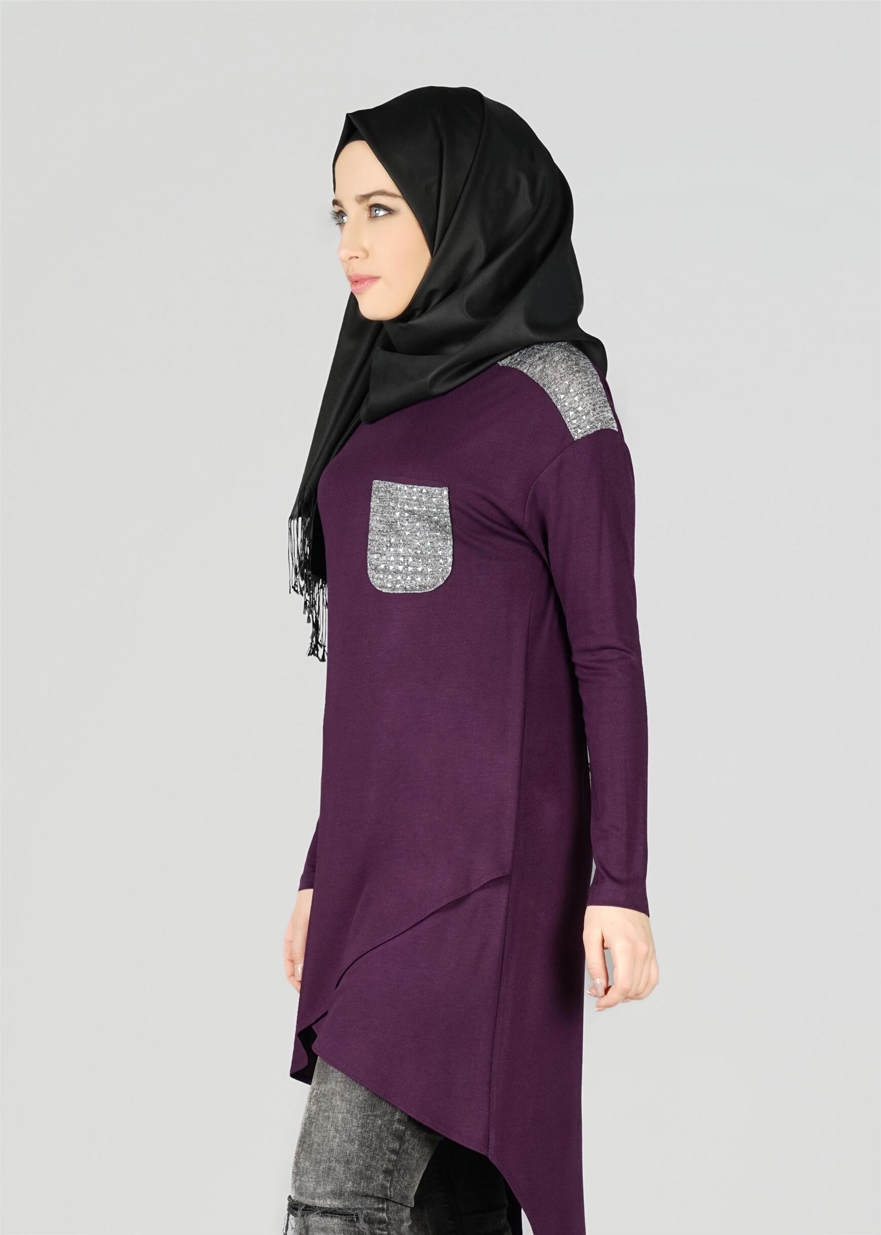 Tesettür giyim MOR CEPLİ ASİMETRİK KESİM TUNİK 4972 