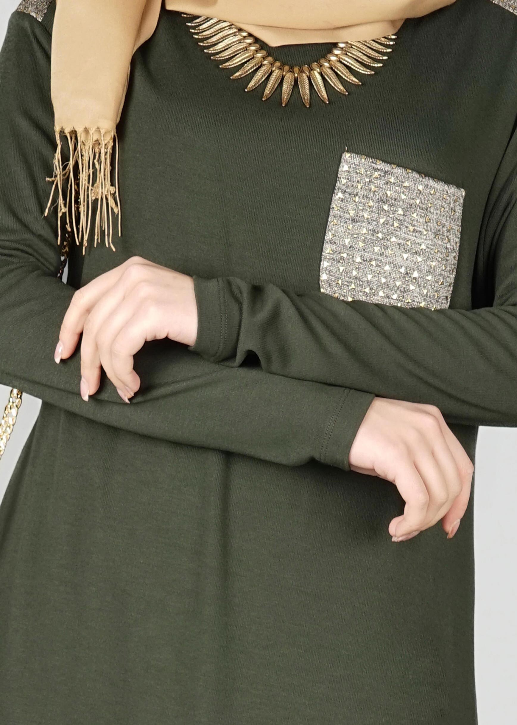 Tesettür giyim HAKİ CEPLİ ASİMETRİK KESİM TUNİK 4972 