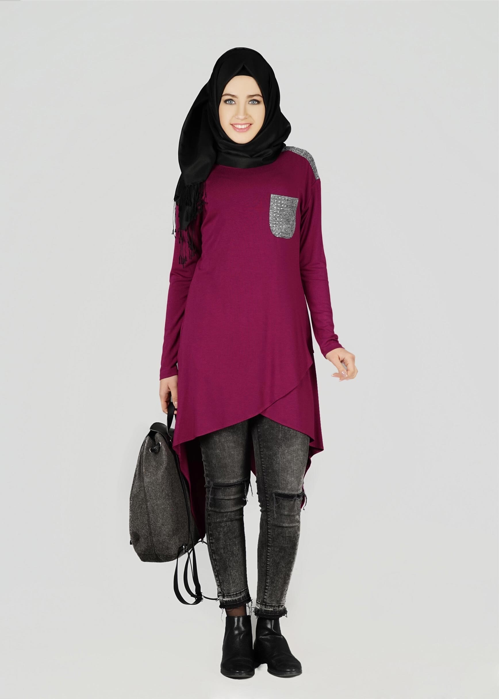 Tesettür giyim MOR CEPLİ ASİMETRİK KESİM TUNİK 4972 