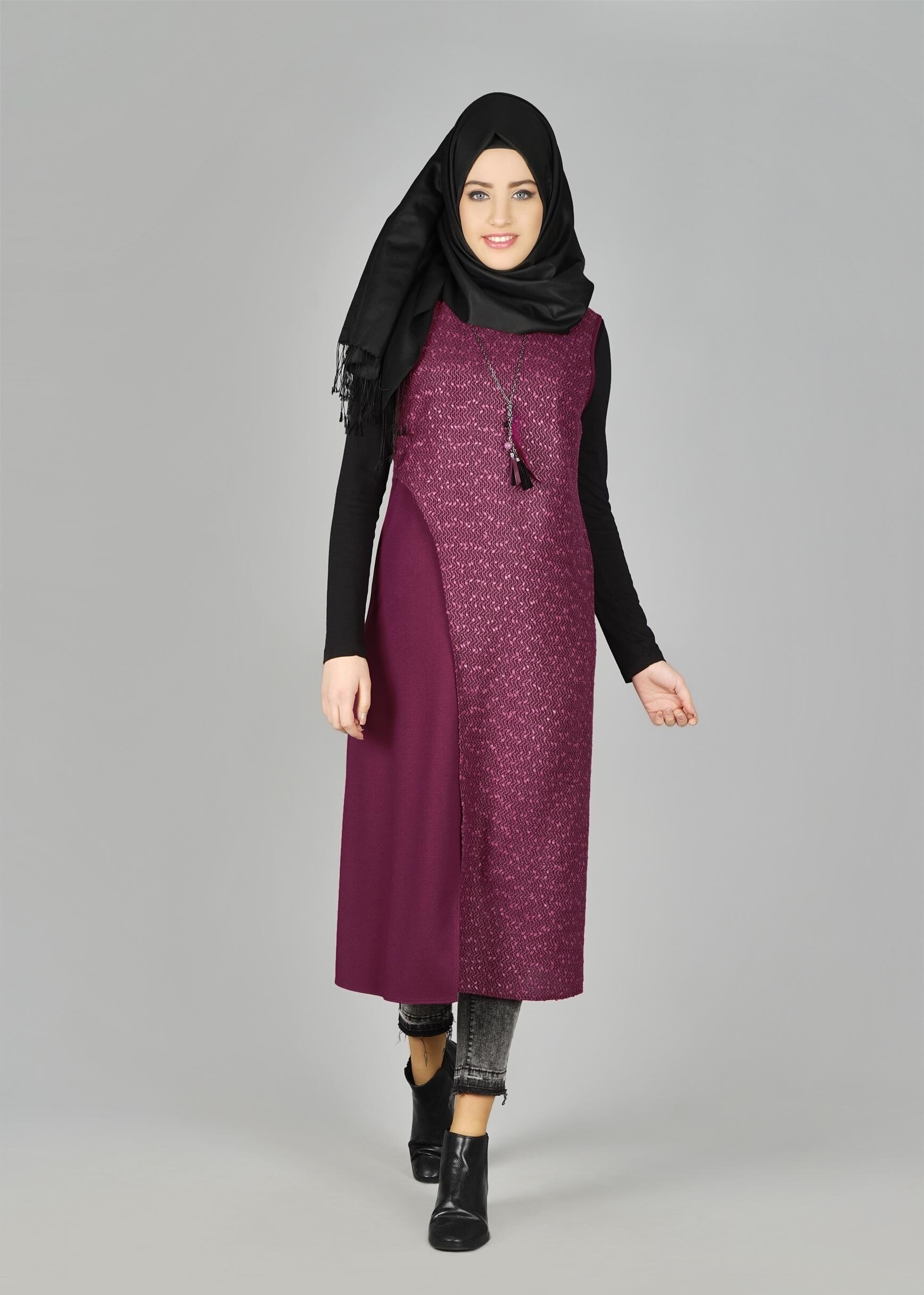 Tesettür giyim FUŞYA DESENLİ ASİMETRİK KESİM TUNİK 4978 