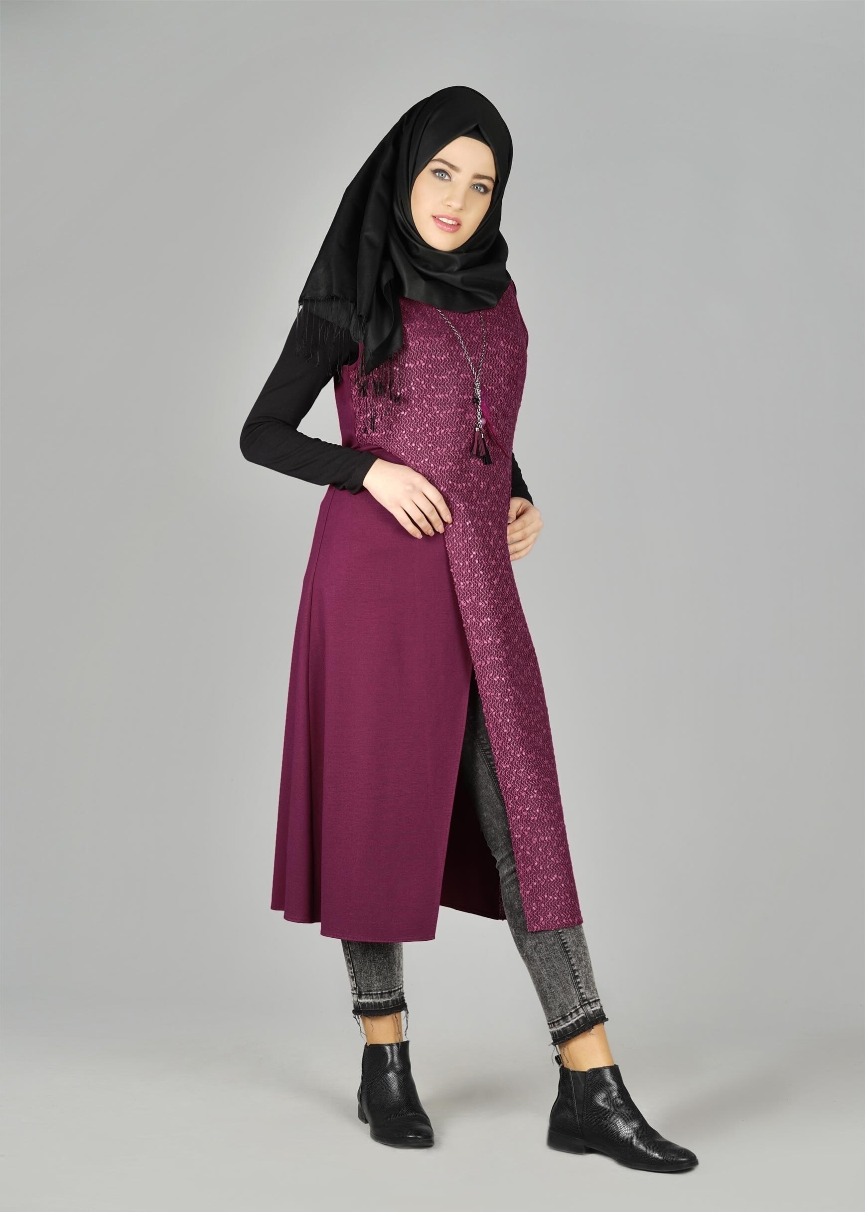 Tesettür giyim FUŞYA DESENLİ ASİMETRİK KESİM TUNİK 4978 