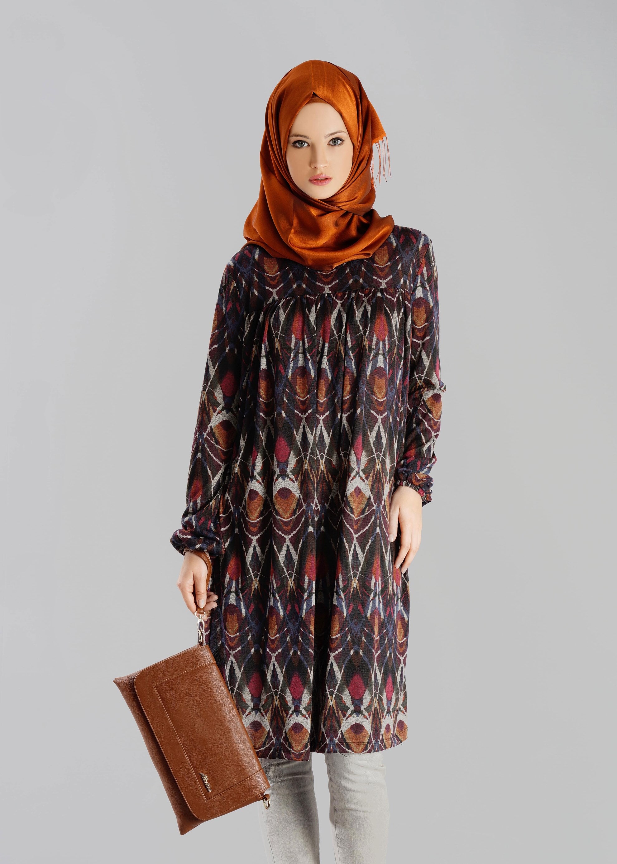 Tesettür giyim TURUNCU DESENLİ TUNİK 4865-1
