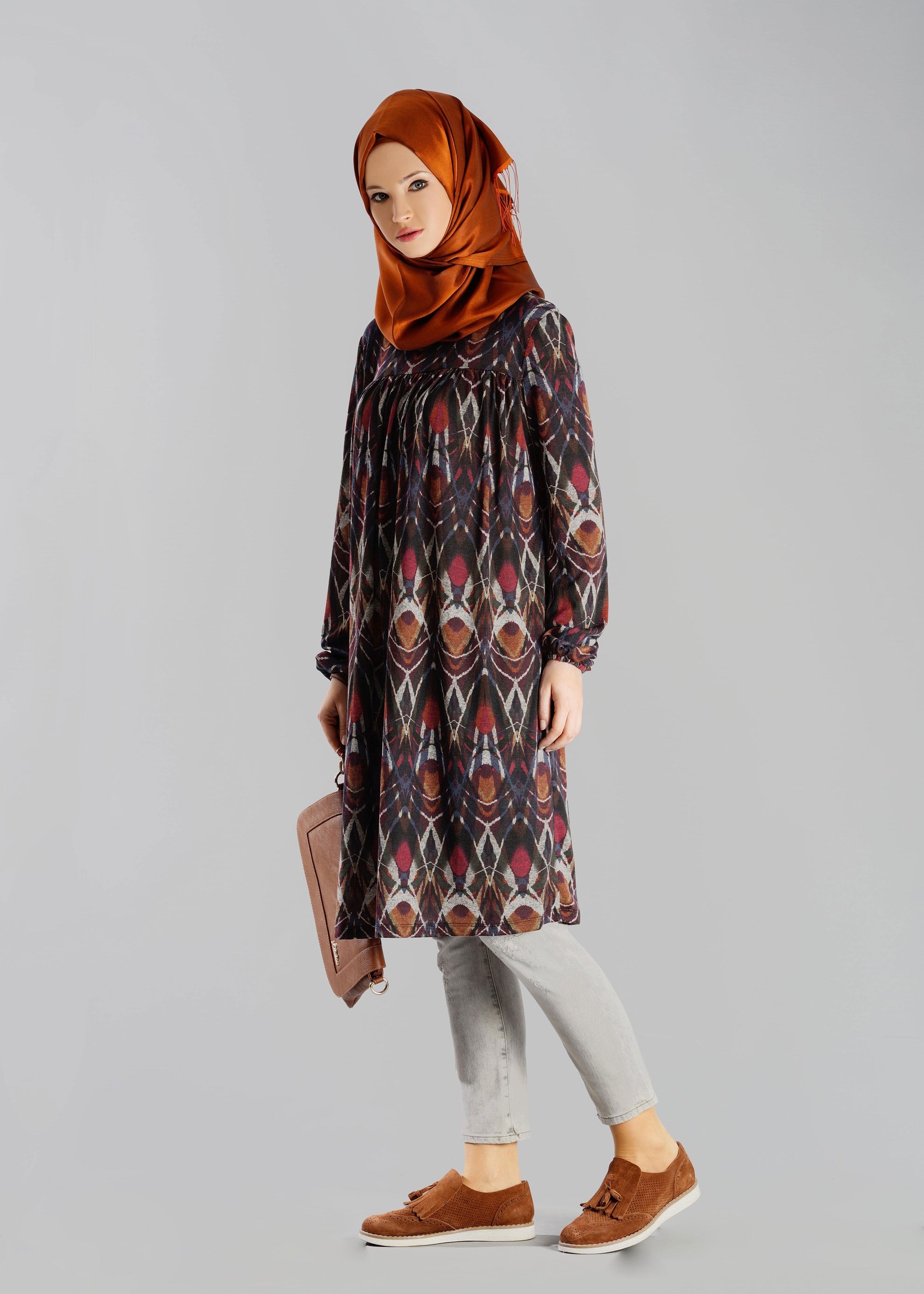 Tesettür giyim TURUNCU DESENLİ TUNİK 4865-1