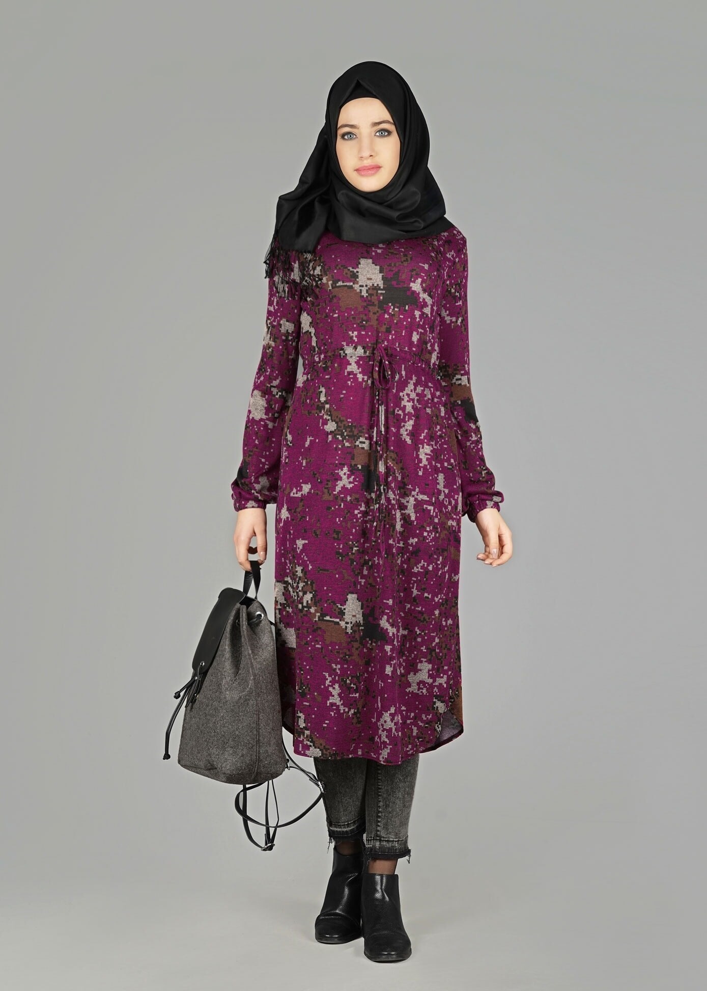 Tesettür giyim FUŞYA DESENLİ TUNİK 4866-1