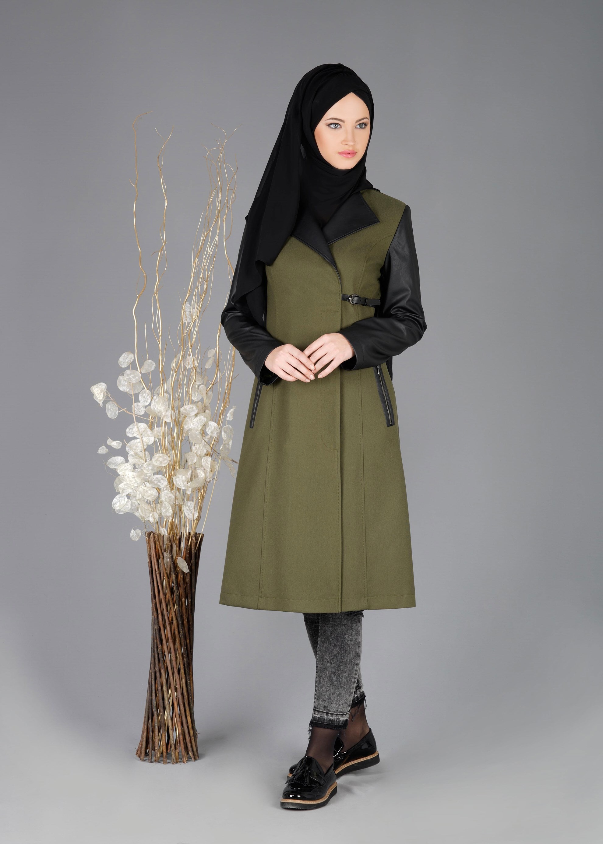 Tesettür giyim HAKİ 1856 TRENÇKOT