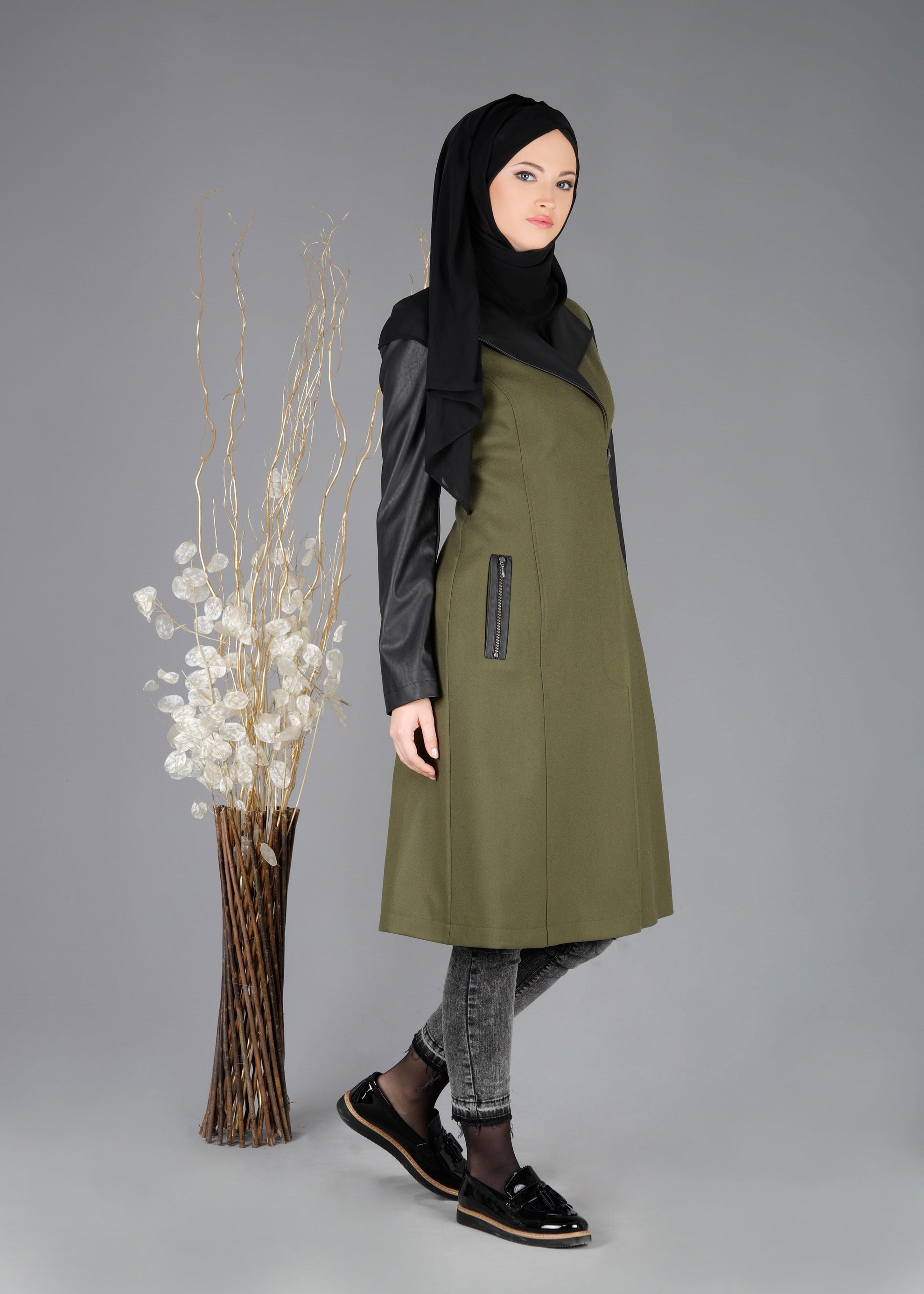 Tesettür giyim HAKİ 1856 TRENÇKOT