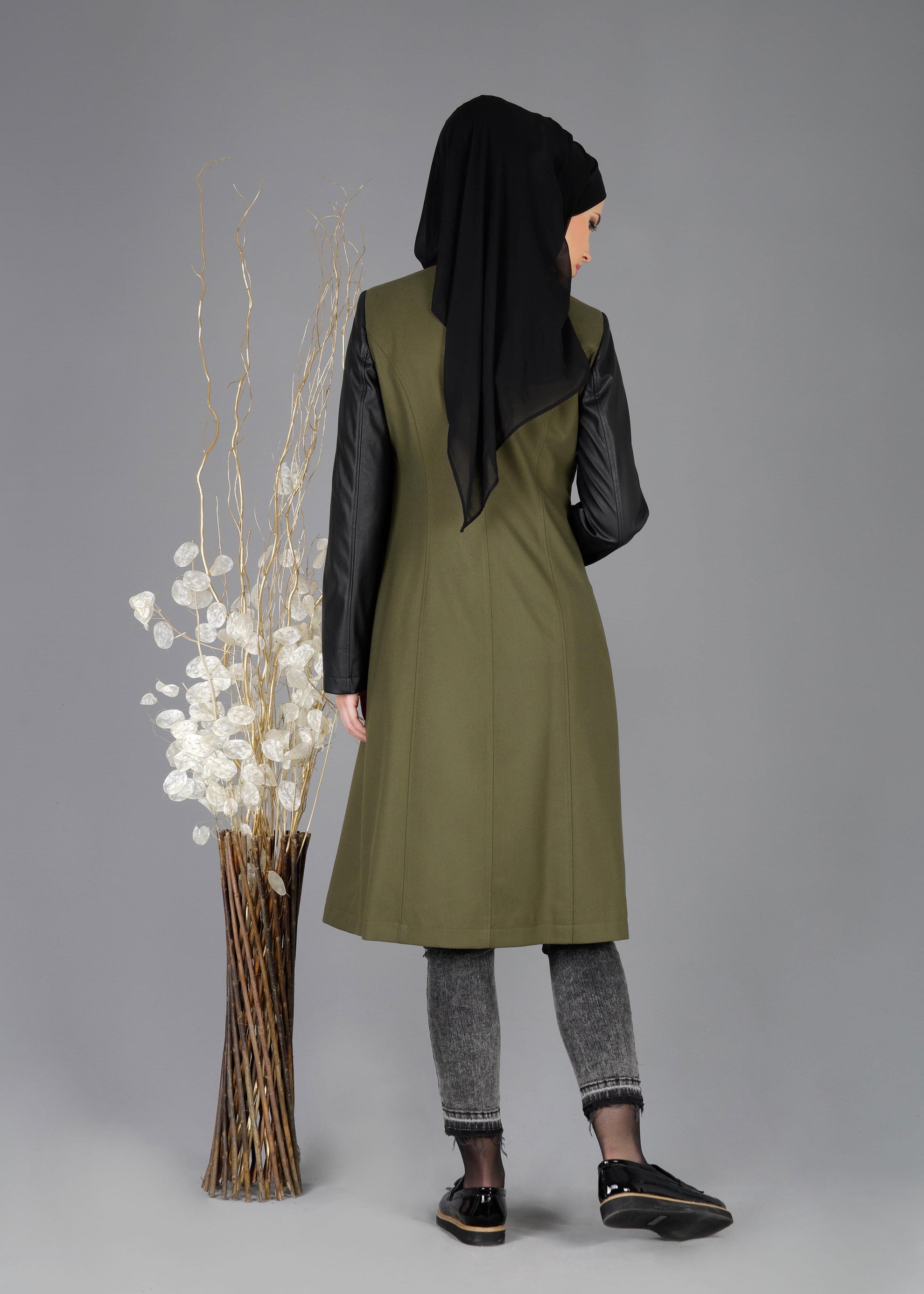 Tesettür giyim HAKİ 1856 TRENÇKOT