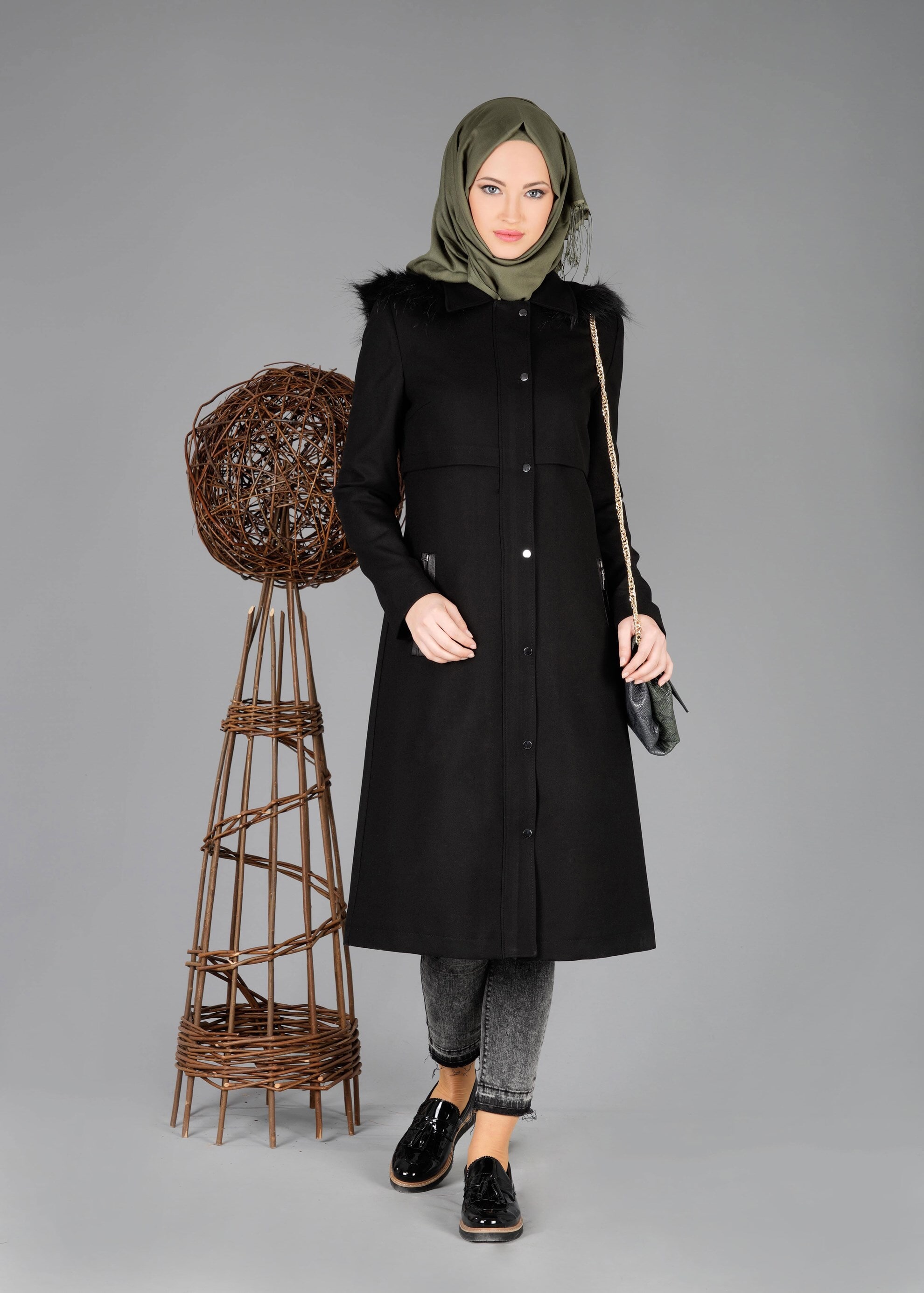 Tesettür giyim SİYAH 1859 TRENÇKOT