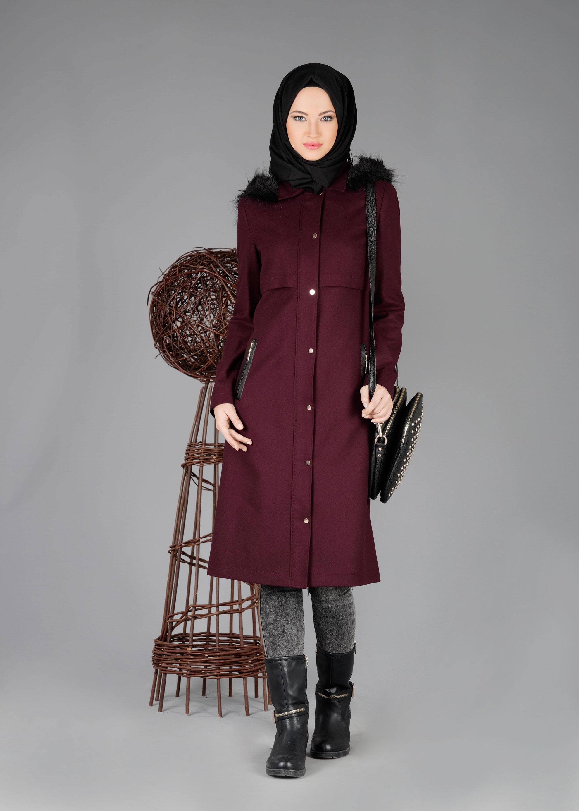 Tesettür giyim BORDO 1859 TRENÇKOT