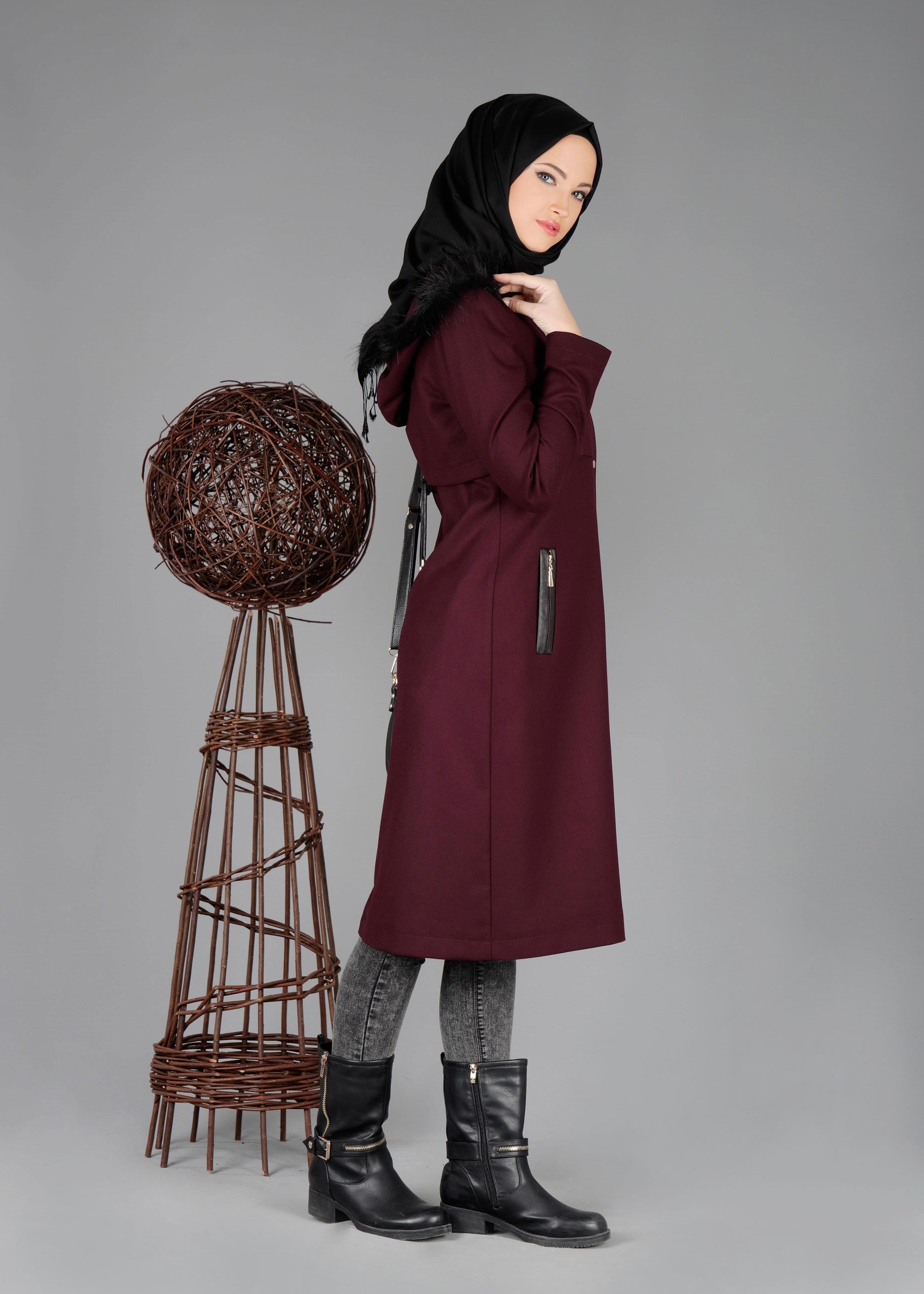 Tesettür giyim BORDO 1859 TRENÇKOT