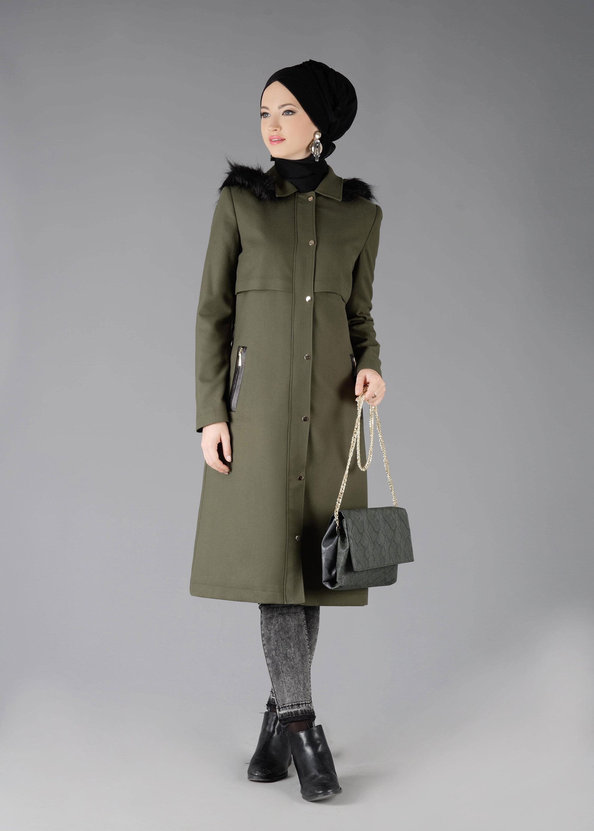 Tesettür giyim HAKİ 1859 TRENÇKOT