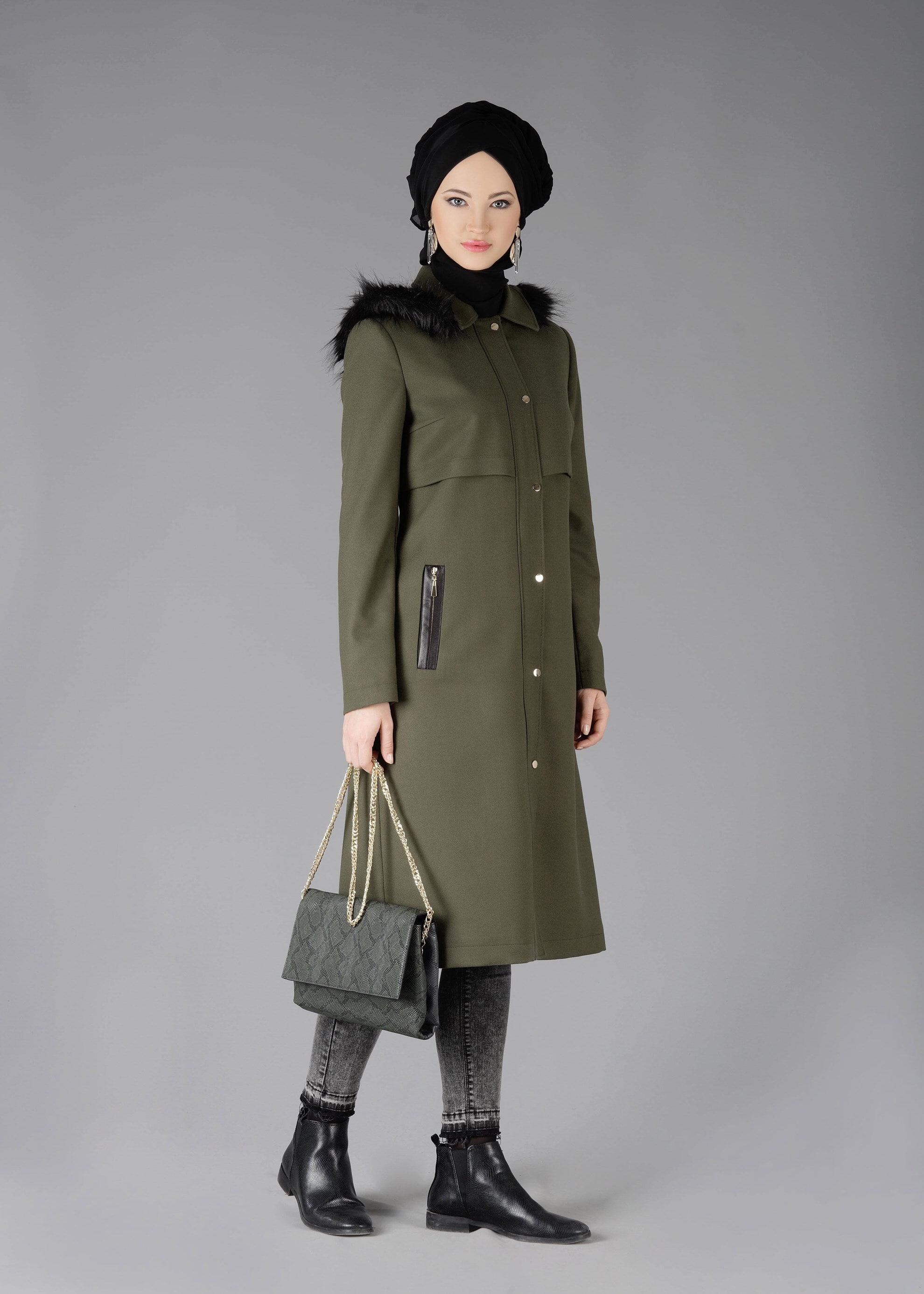 Tesettür giyim HAKİ 1859 TRENÇKOT