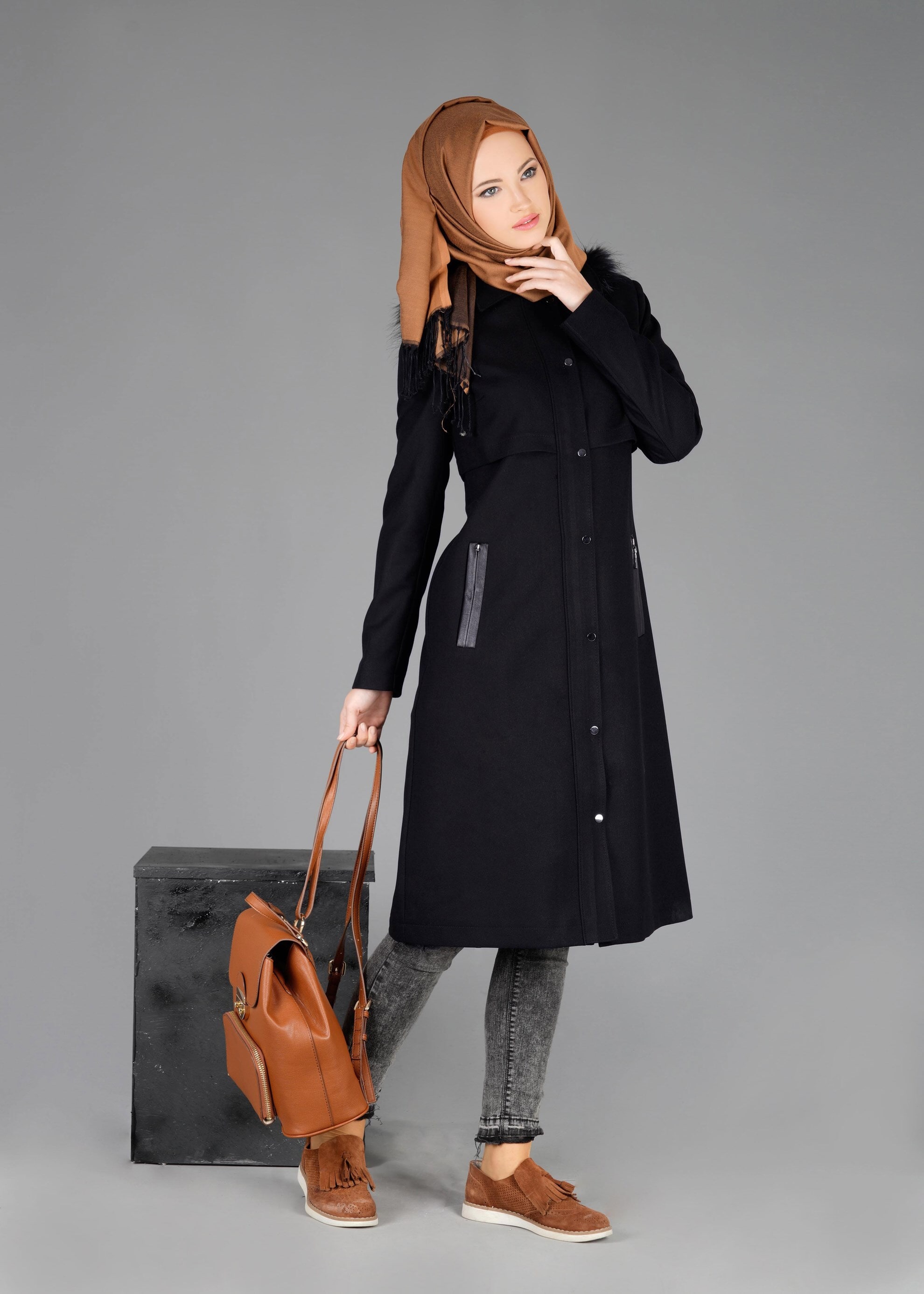 Tesettür giyim LACİVERT 1859 TRENÇKOT
