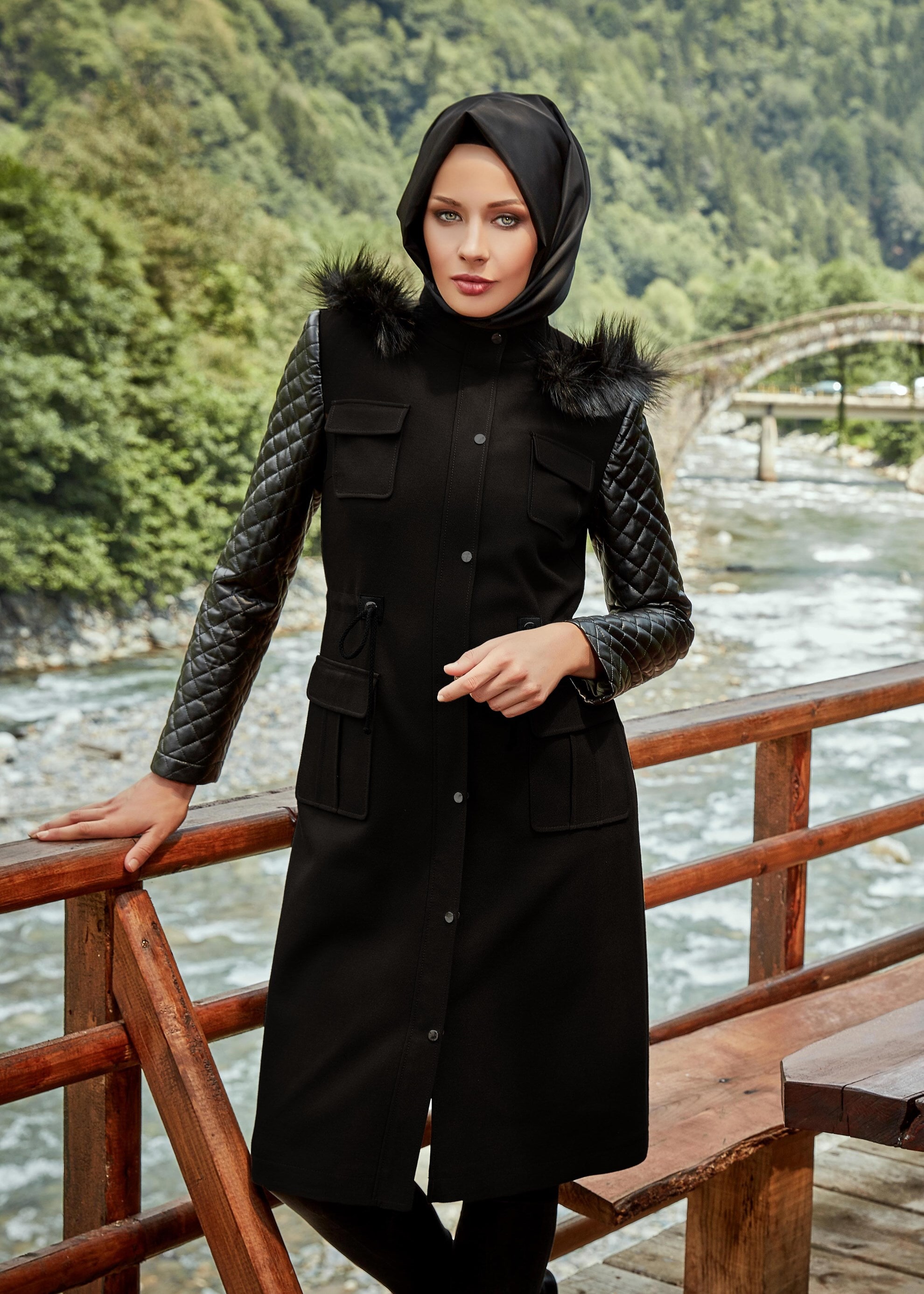 Tesettür giyim SİYAH 1860 TRENÇKOT