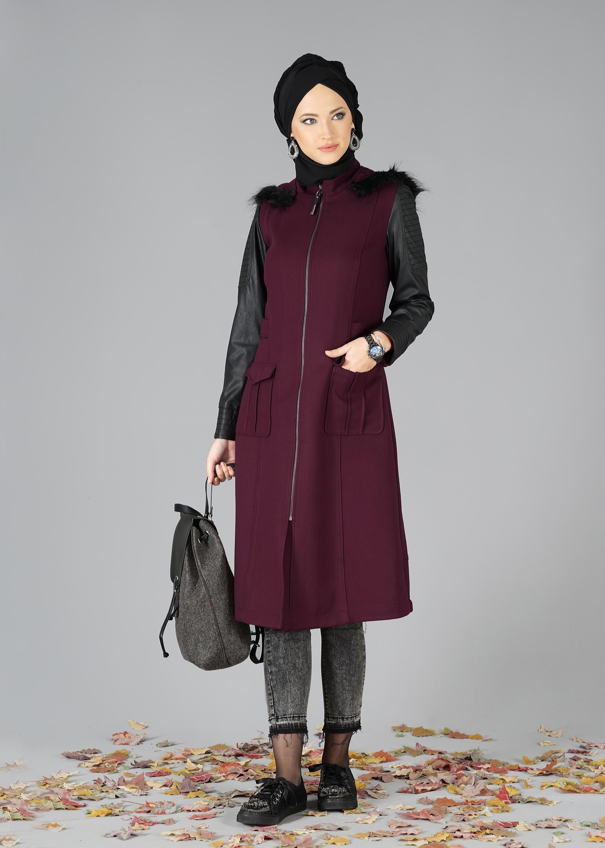 Tesettür giyim BORDO 1861 TRENÇKOT