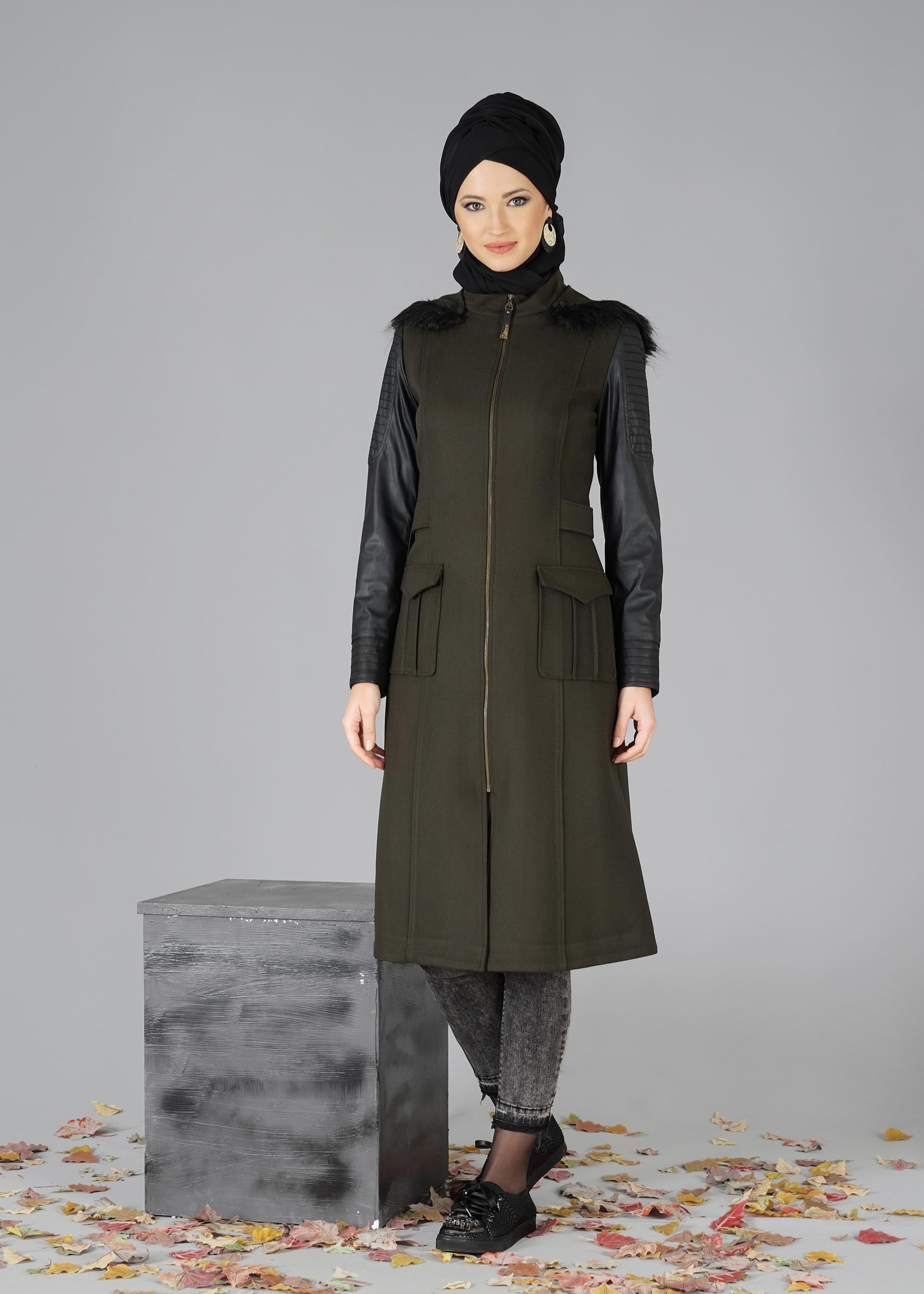 Tesettür giyim HAKİ 1861 TRENÇKOT